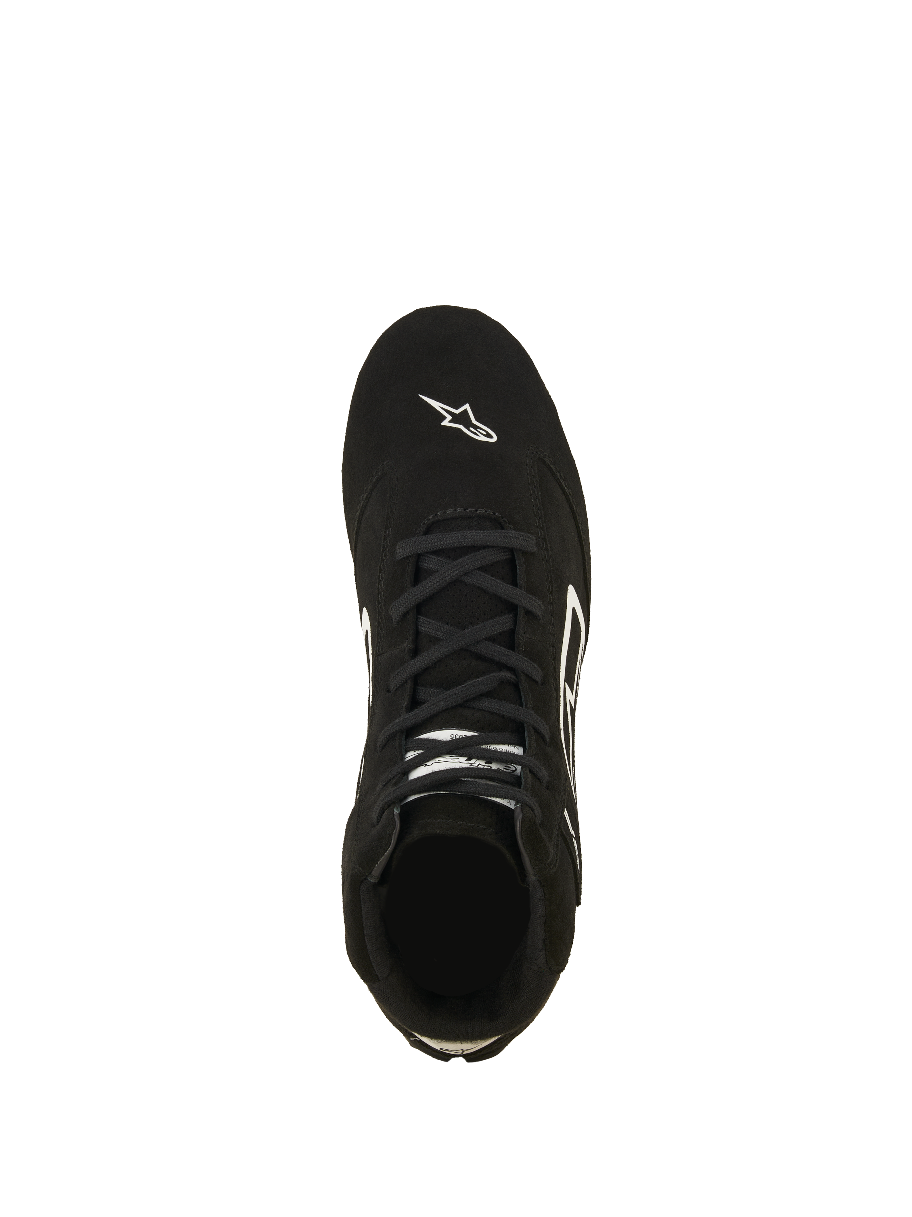 Alpinestars SP V3 Schuhe FIA, Autorenn-Schuhe, Schwarz und Weiß, Draufsicht auf das Obermaterial aus hochwertigem Wildleder, mit schwarzen Schnürsenkeln und weißem Astars-Logo auf der Zehenpartie, professionelles feuerfestes Motorsport-Schuhwerk