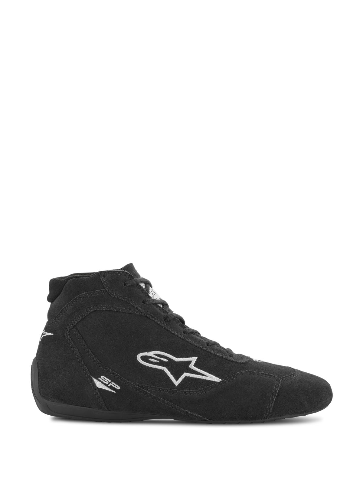 Alpinestars SP V2 Schuhe, Schwarze High-Top Motorsport-Sneaker, Weiße Stern-Logo-Details, Schnürverschluss, Gepolsterter Knöchelbereich, Sportliches Design