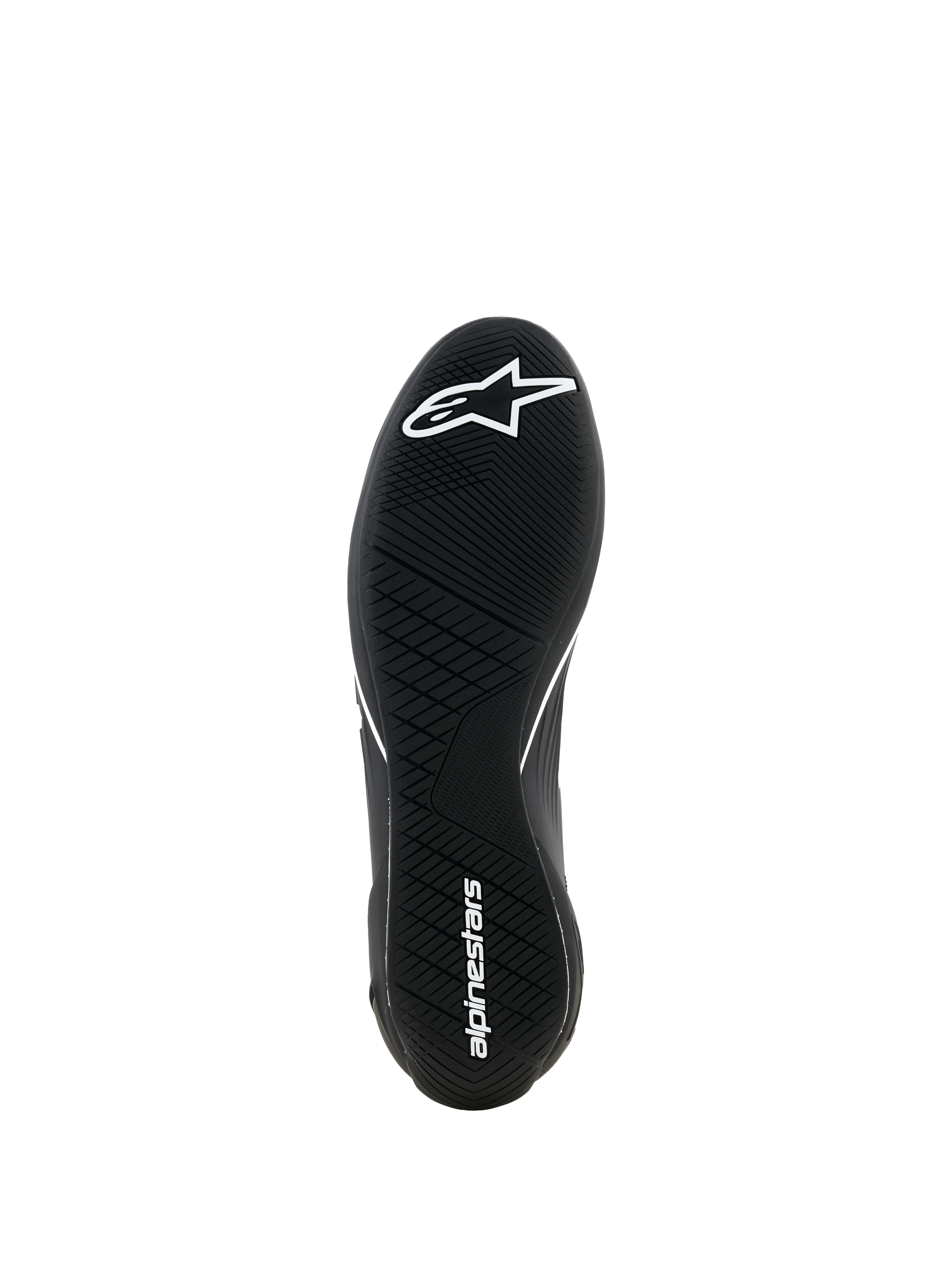 Alpinestars Supertech K Schuhe - FIA, Karting-Schuhe, Schwarz, Unteransicht der ultradünnen Gummiaußensohle mit asymmetrischem Profil, weißes Stern-Logo auf dem Vorderfuß und weißer Markenname an der Ferse, entwickelt für maximales Pedalgefühl.