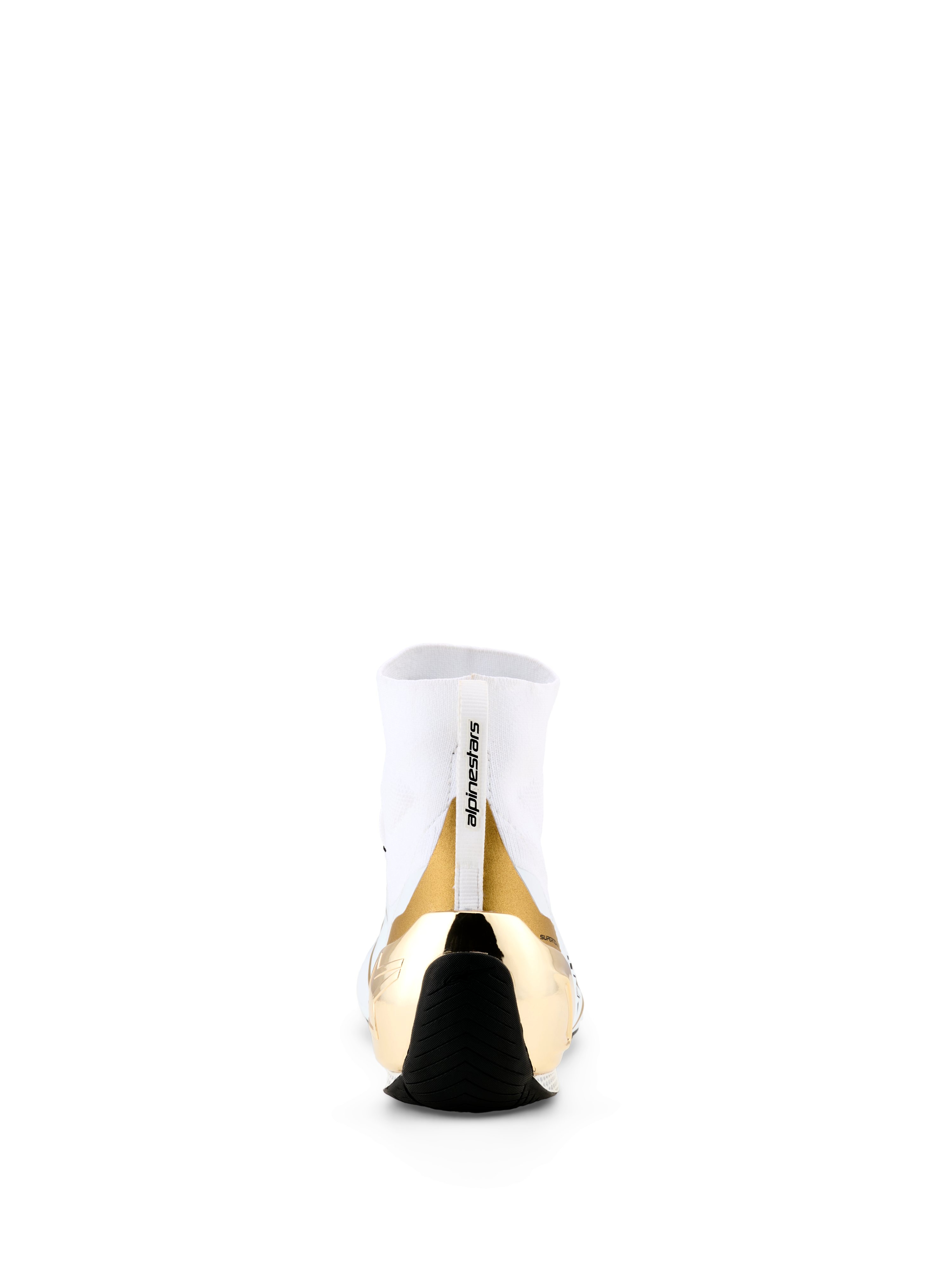 Alpinestars Supertech K Shoes - FIA, Karting Shoes, White and Gold, rear view featuring a metallic gold injected TPU heel counter, white knitted upper with branded pull tab, and thin black rubber sole.