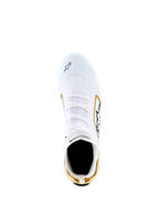 Alpinestars Supertech K Shoes - FIA, White Black Gold, top-down view showing the white knitted upper with gold accents on the heel and sides, black logo detailing, high-performance karting footwear