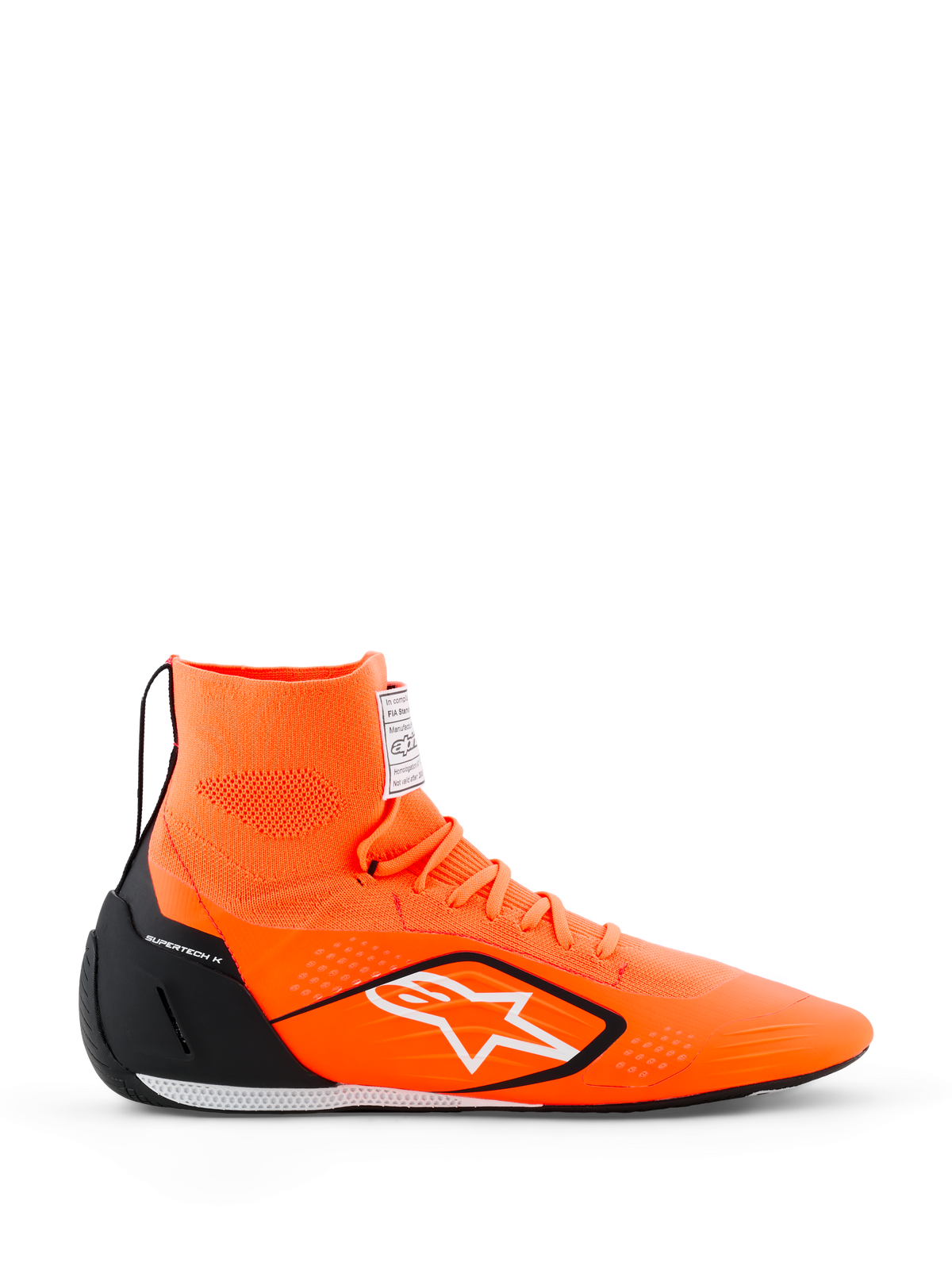 Alpinestars Supertech K Schuhe - FIA, Kartschuhe, Orange Fluo mit schwarzen und weißen Akzenten, hohe Strickkonstruktion mit weißem Sternlogo, schwarze TPU-Fersenkappe, ultradünne Rennsohle, Seitenansicht