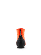 Alpinestars Supertech K Shoes - FIA, Karting Shoes, Orange Fluo and Black, rear view showing the knitted upper, black injected TPU heel counter, and vertical pull tab with Alpinestars branding, professional motorsport footwear.