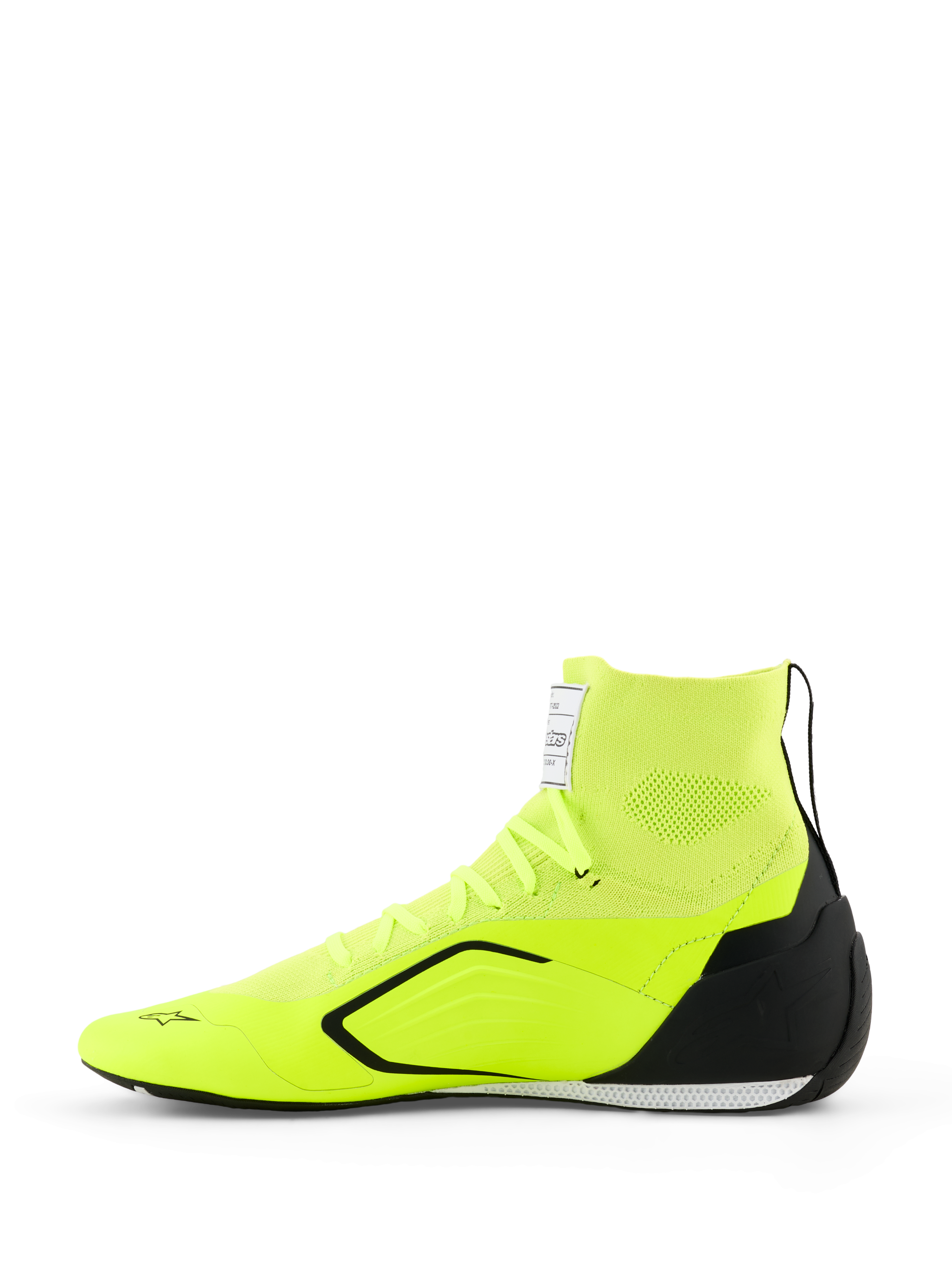 Alpinestars Supertech K Schuhe - FIA, Karting-Schuhe, Gelb Fluo Schwarz Weiß, Seitenansicht mit vollständig gestricktem Obermaterial und sockenähnlichem Kragen, schwarzer TPU-Fersenkappe, dünner weiß-schwarzer Außensohle sowie Alpinestars-Branding auf der Zehenpartie und Zunge