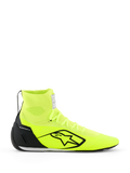 Alpinestars Supertech K Schuhe - FIA, Kart-Schuhe, Gelb Fluo und Schwarz, Seitenprofil-Ansicht, vollständig gestricktes Obermaterial mit hohem Knöchelkragen, schwarze TPU-Fersenkappe, großes schwarzes Alpinestars-Logo, leichtes Rennsport-Schuhwerk