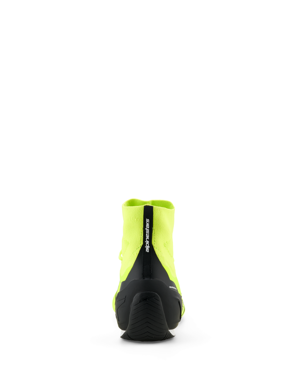 Alpinestars Supertech K Schuhe - FIA, Kart-Rennschuhe, Gelb Fluo und Schwarz, Rückansicht mit schwarzer gespritzter TPU-Fersenkappe und Anziehlasche mit Alpinestars-Branding, gestrickte Obermaterialkonstruktion, dünne Gummiaußensohle für Rennleistung konzipiert.