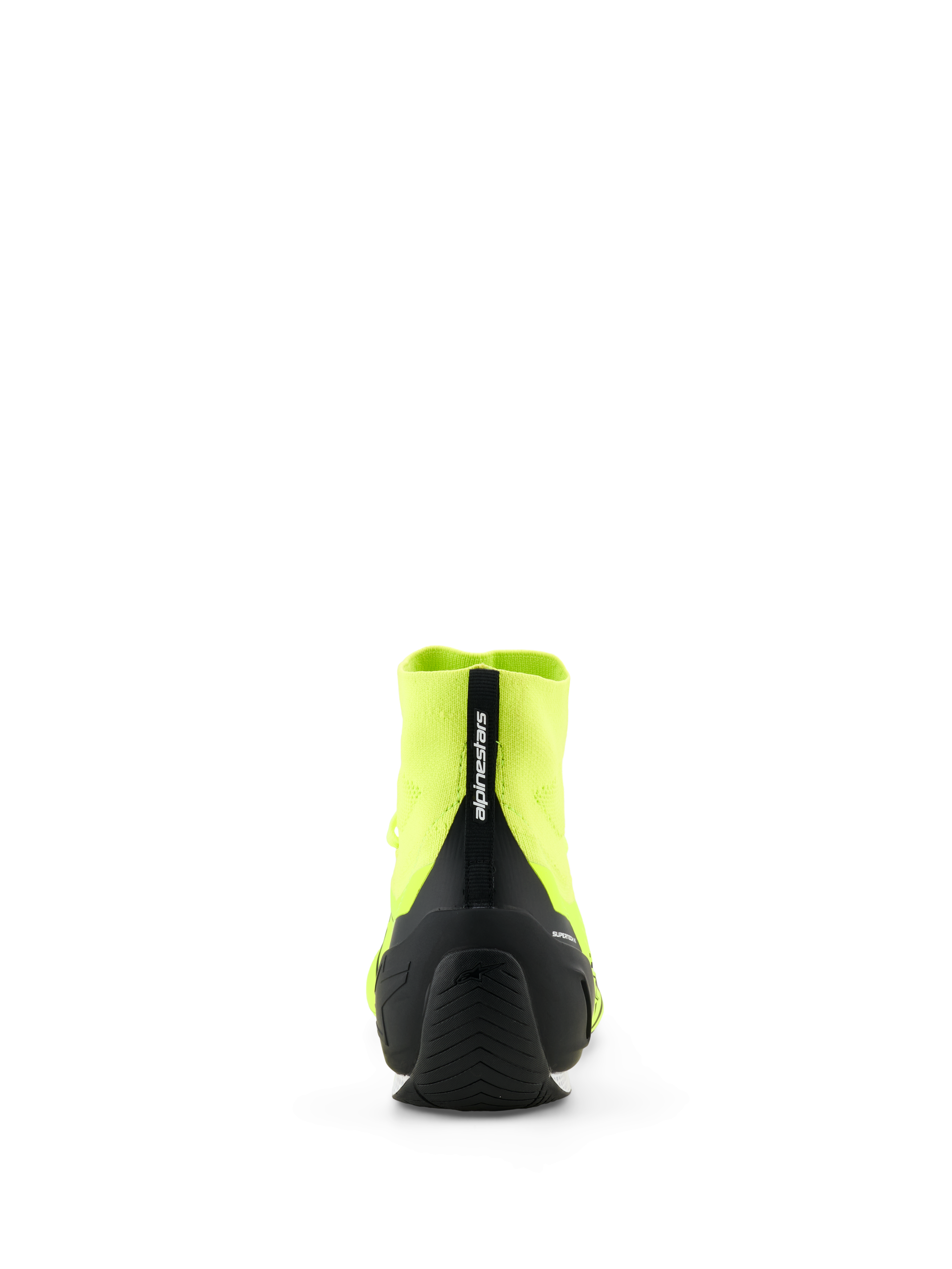 Alpinestars Supertech K Schuhe - FIA, Kart-Rennschuhe, Gelb Fluo und Schwarz, Rückansicht mit schwarzer gespritzter TPU-Fersenkappe und Anziehlasche mit Alpinestars-Branding, gestrickte Obermaterialkonstruktion, dünne Gummiaußensohle für Rennleistung konzipiert.