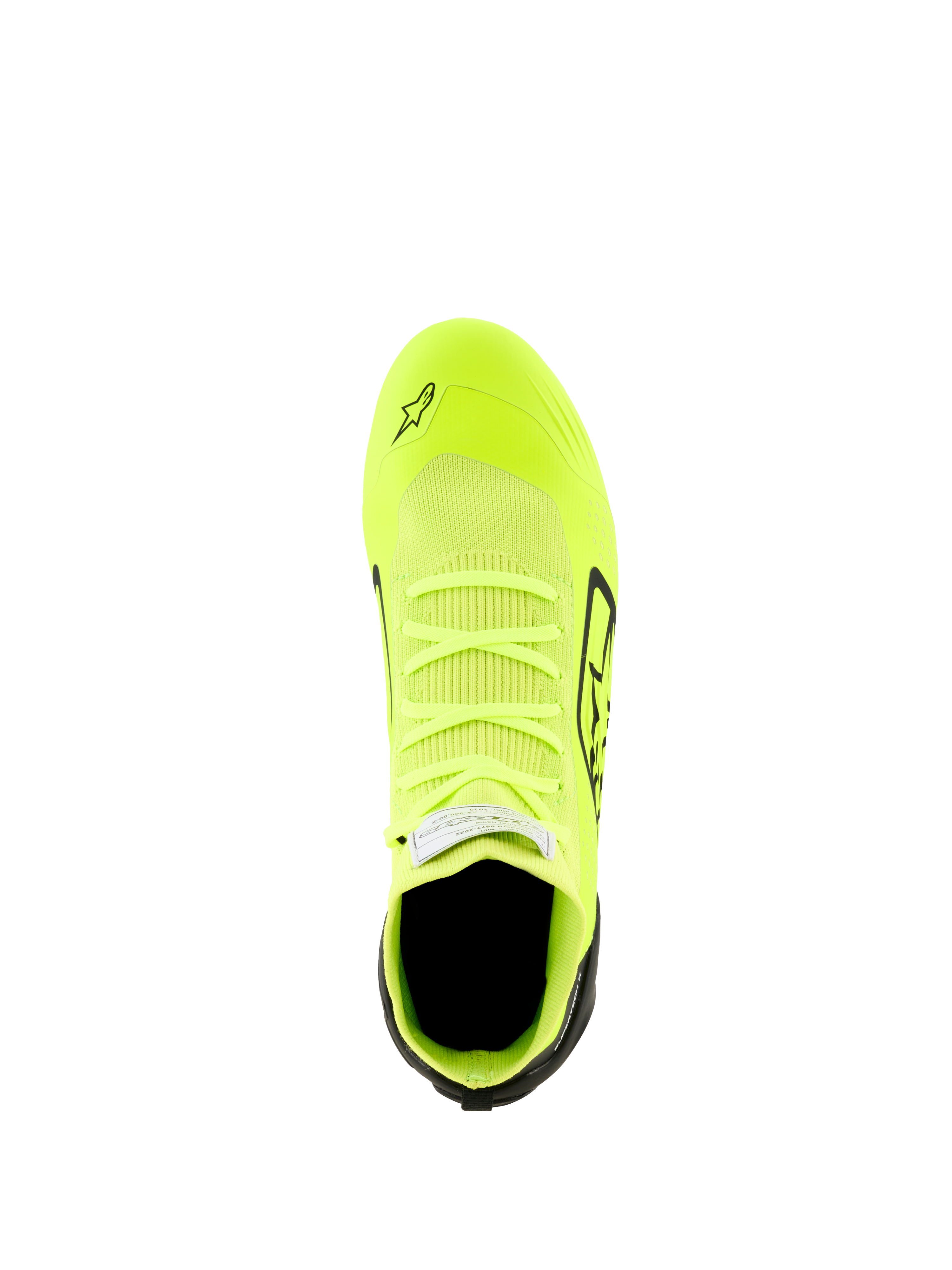 Alpinestars Supertech K Schuhe - FIA, Kart-Schuhe, Gelb Fluo, Schwarz und Weiß, Draufsicht mit vollständig gestricktem Obermaterial, fluoreszierend gelber Korpus mit schwarzen Akzenten an Ferse und Seiten, schlankes aerodynamisches Profil für Präzisionsrennen