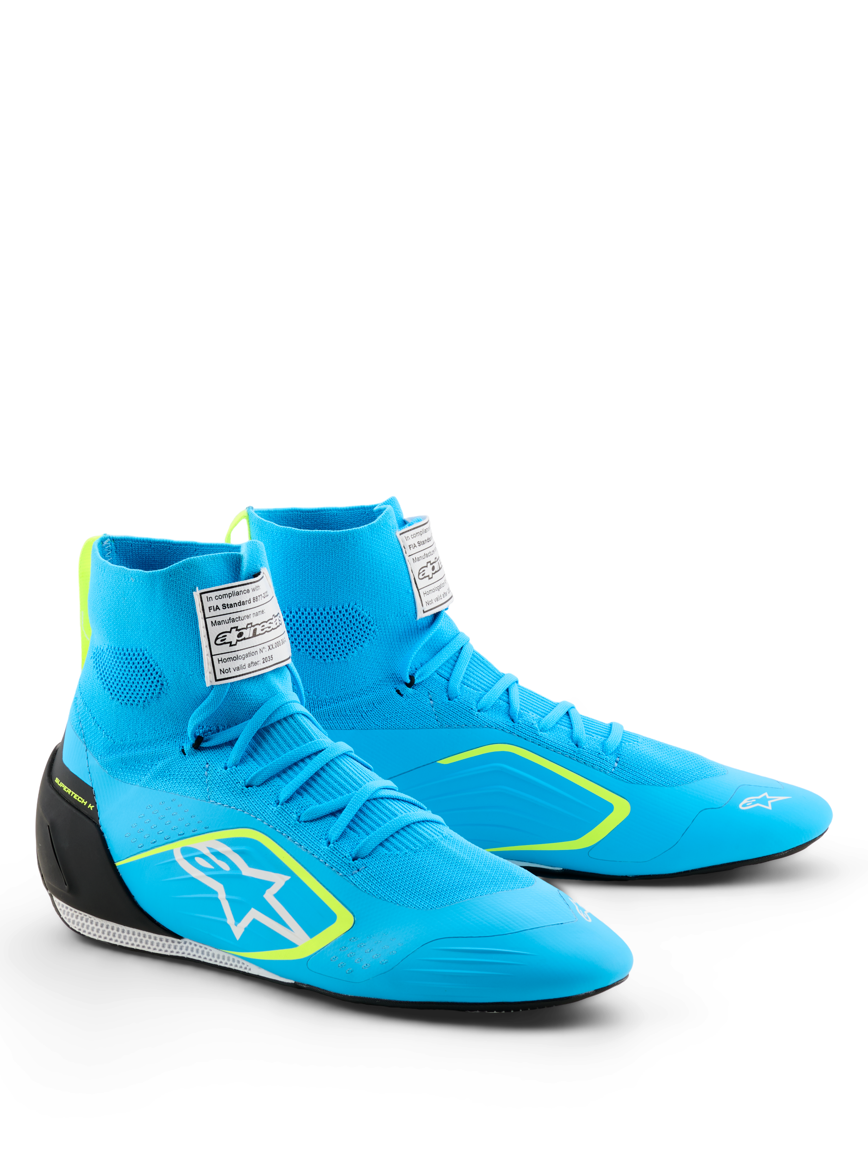 Alpinestars Supertech K Shoes - FIA, Karting Shoes, Light Blue with Black and Yellow Fluo accents, high-top knitted upper, white Astars logo on the side, black TPU heel counter, professional motorsport performance footwear