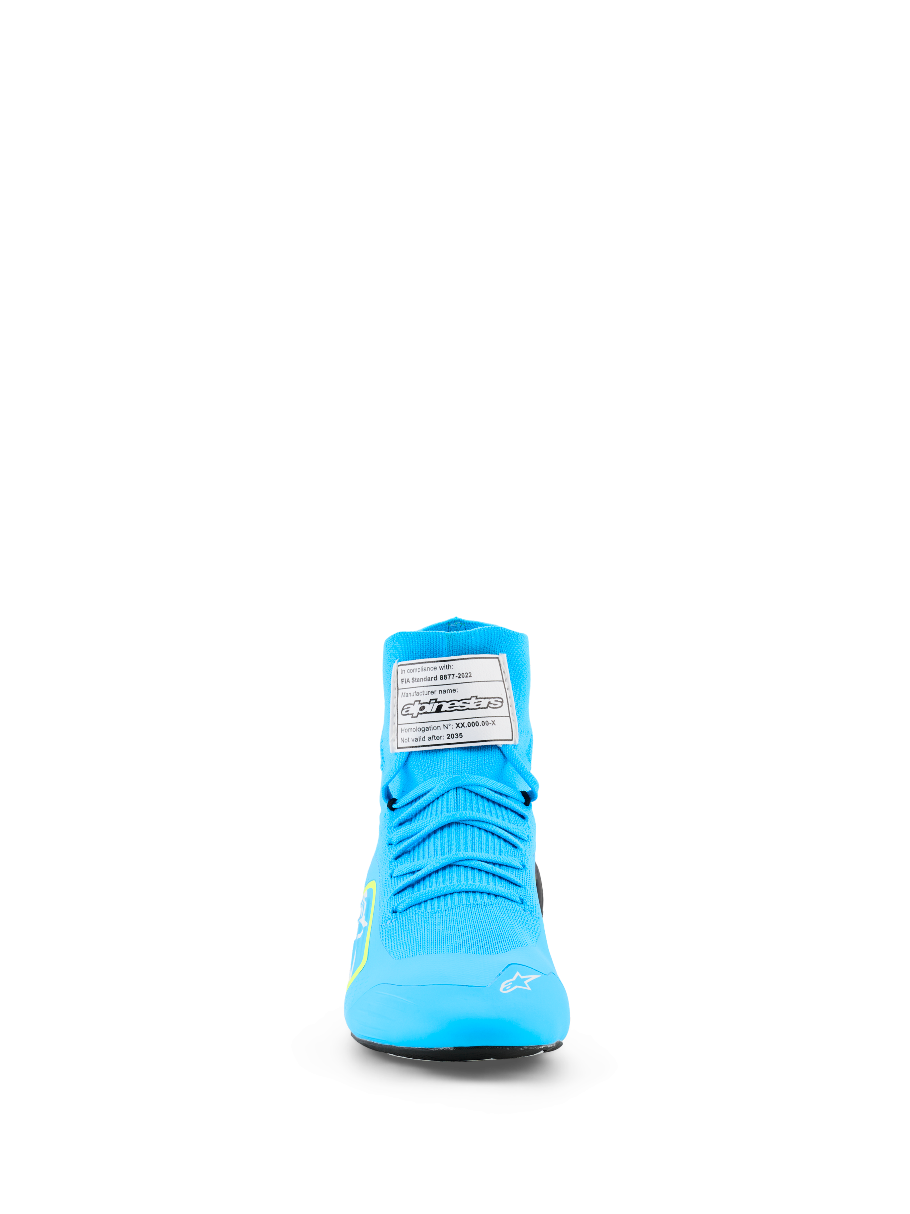 Alpinestars Supertech K Shoes - FIA, Karting Shoes, Light Blue and Yellow Fluo, front view featuring a fully knitted upper, white FIA certification label on the tongue, and white star logo on the toe