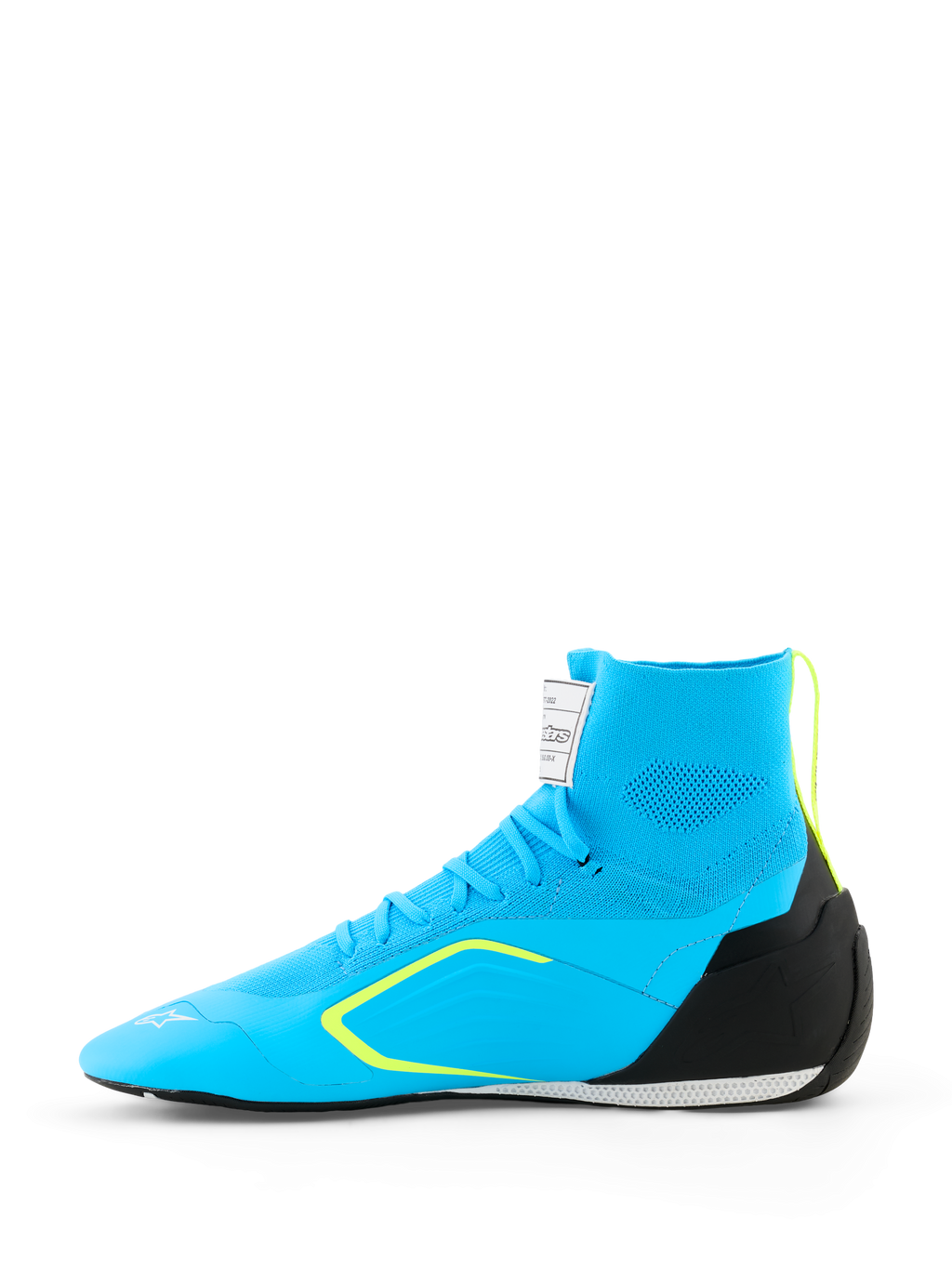Alpinestars Supertech K Shoes - FIA, Karting Shoes, Light Blue with Black and Yellow Fluo accents, side view featuring knitted upper construction, TPU heel counter, and thin racing sole