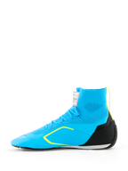 Alpinestars Supertech K Shoes - FIA, Karting Shoes, Light Blue with Black and Yellow Fluo accents, side view featuring knitted upper construction, TPU heel counter, and thin racing sole
