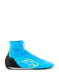 Alpinestars Supertech K Shoes FIA, Karting Racing Shoes, Light Blue with Black and Yellow Fluo accents, high-top design with fully knitted upper, white star logo, professional racing footwear