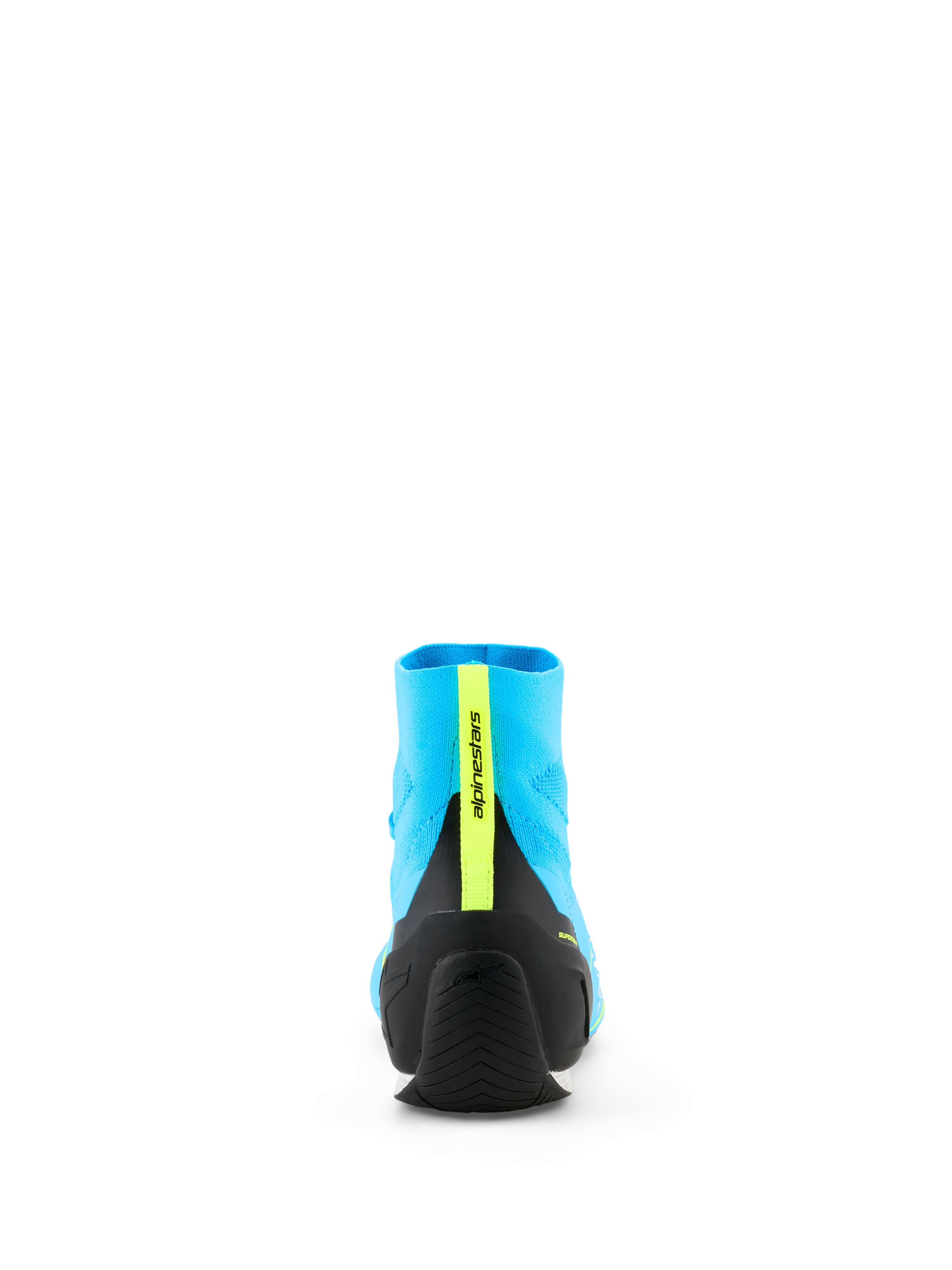 Alpinestars Supertech K Shoes - FIA, Karting Racing Shoe, Light Blue and Black with Yellow Fluo, rear view featuring the injected TPU heel counter and yellow fluo vertical strip with branding, lightweight knitted upper construction