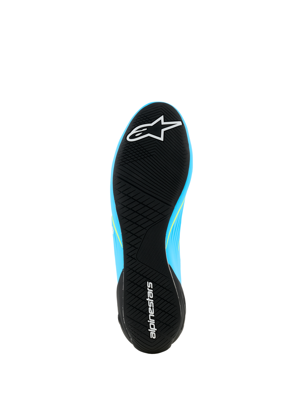 Alpinestars Supertech K Shoes - FIA, Karting Shoes, Light Blue and Black with Yellow Fluo accents, bottom view of the ultra-thin rubber outsole featuring an asymmetric tread and Alpinestars branding