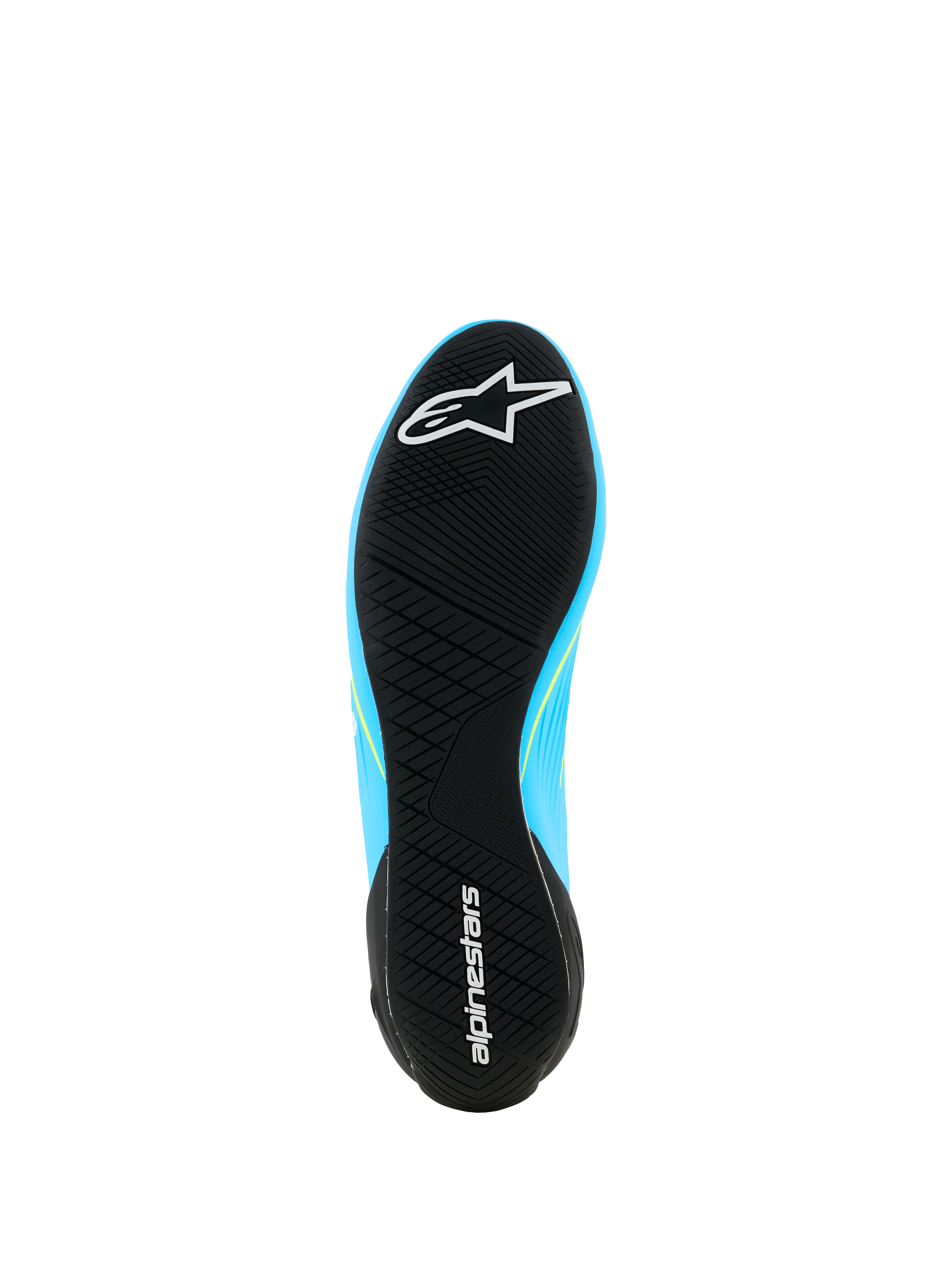 Alpinestars Supertech K Shoes - FIA, Karting Shoes, Light Blue and Black with Yellow Fluo accents, bottom view of the ultra-thin rubber outsole featuring an asymmetric tread and Alpinestars branding