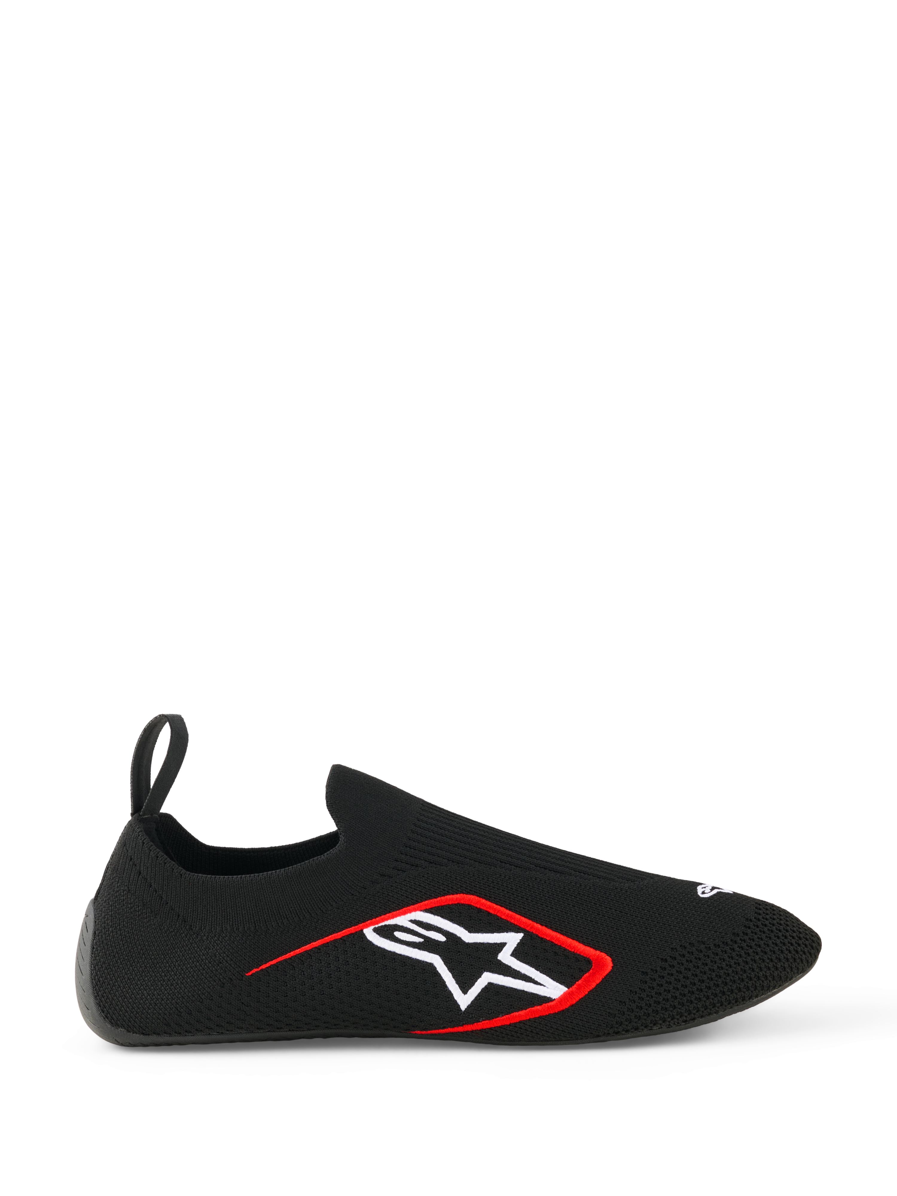 Alpinestars Tech Gaming Shoes, Sim Racing Shoes, Black, side profile showing seamless knitted stretch upper, white Alpinestars star logo with red border, rear pull tab, sock-like fit for virtual racing