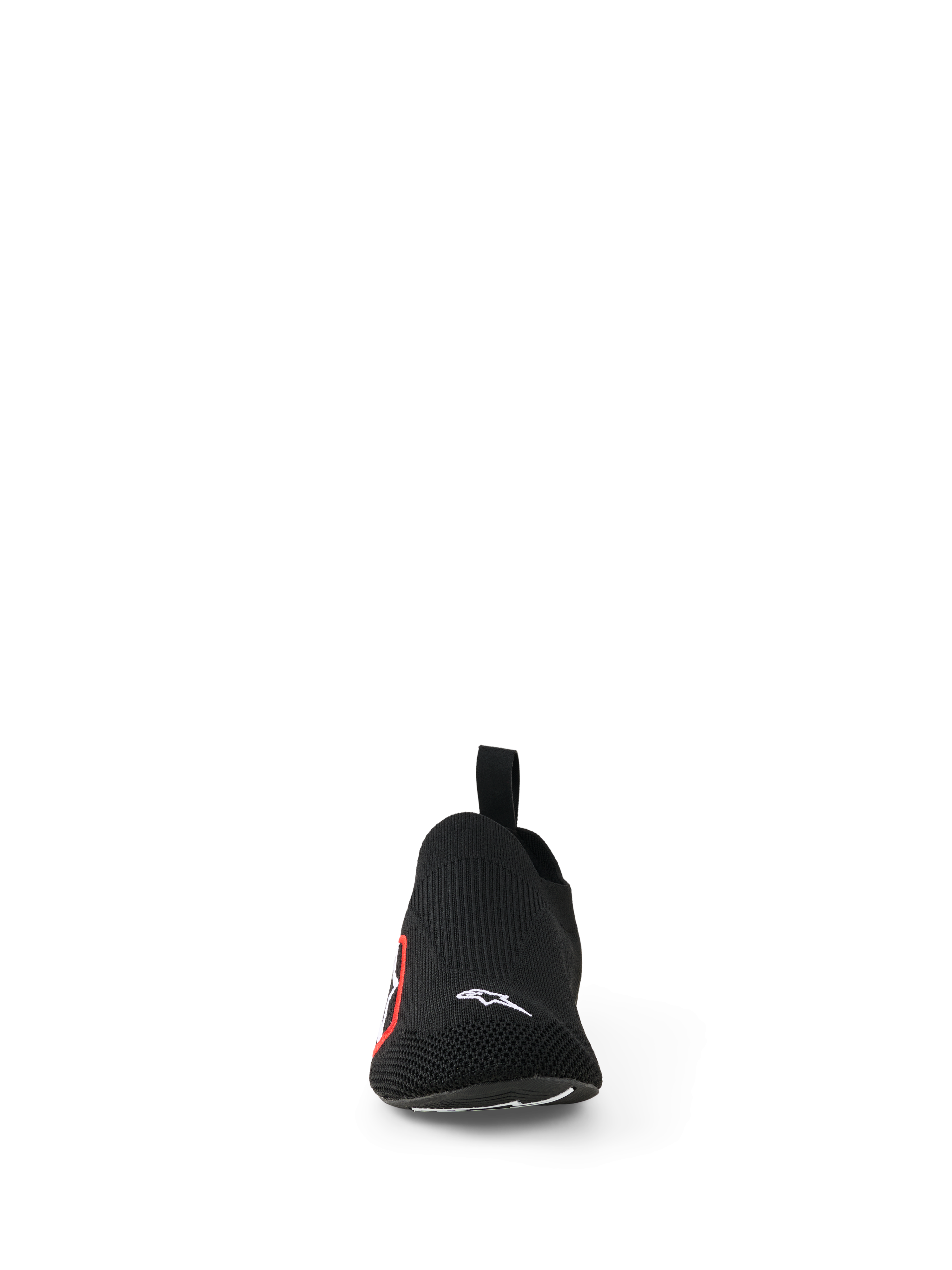 Alpinestars Tech Gaming-Schuhe, Sim-Racing-Schuhe, Schwarz, Frontansicht mit nahtlosem gestricktem Stretch-Obermaterial, kleines weißes Alpinestars-Logo im Zehenbereich, rot-weißes Seitenlogo, leichtes Design für Pedalsensibilität und Komfort