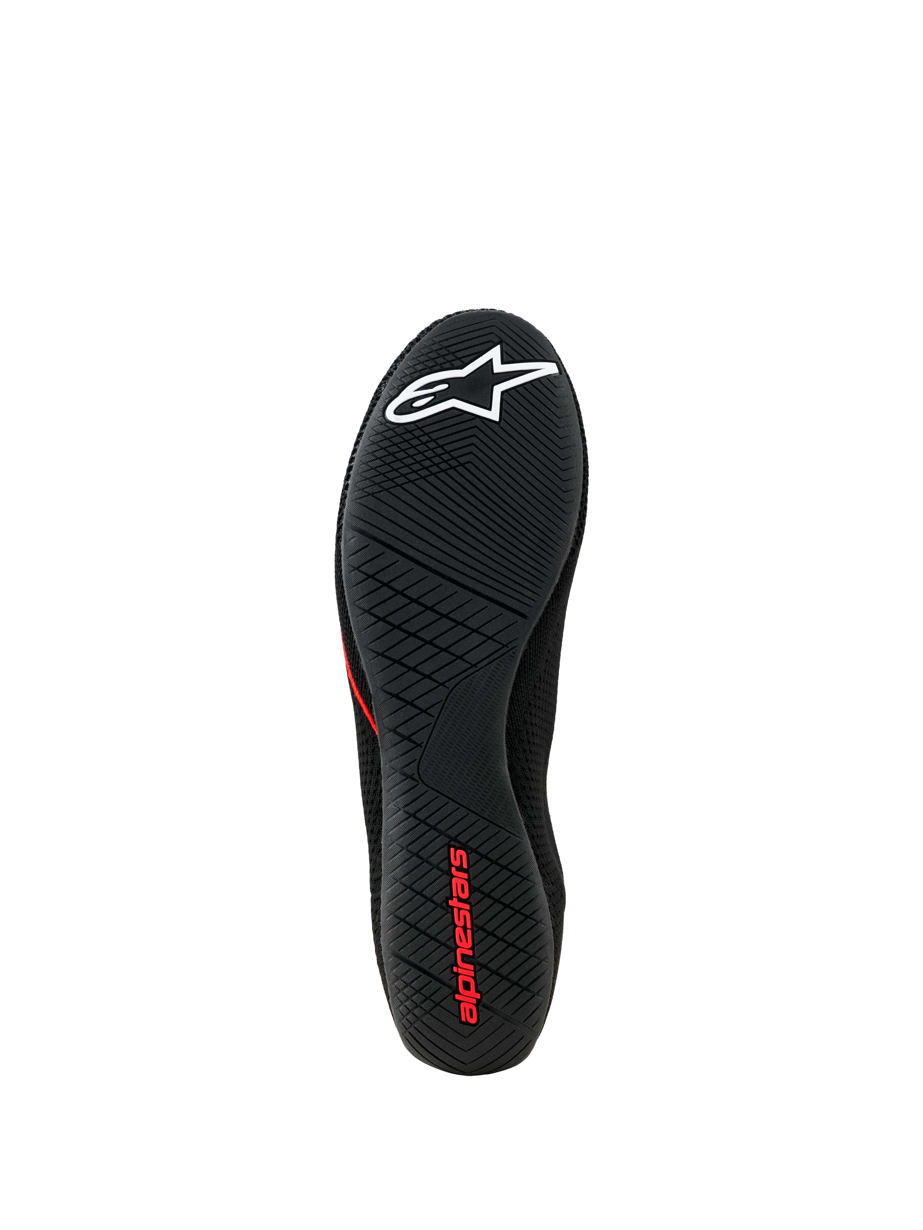 Alpinestars Tech Gaming-Schuhe, Ansicht der Außensohle, schwarze ultradünne Gummisohle mit strukturiertem Profilmuster, weißes Stern-Logo und rotes Alpinestars-Branding, SIM-Racing-Schuhwerk