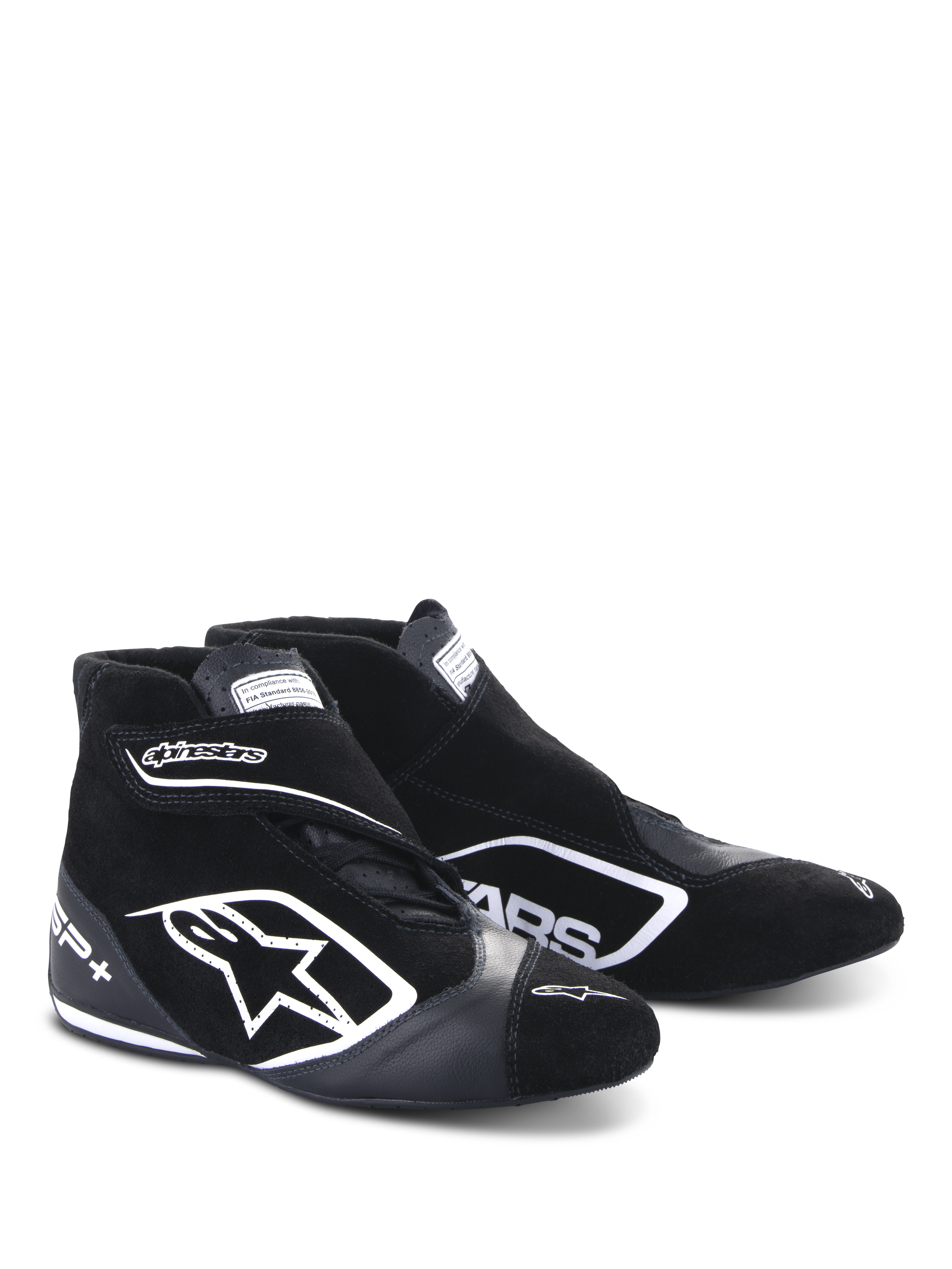 Alpinestars SP+ Schuhe N, Autorennsport-Schuhe, Schwarz und Weiß, mit großem weißen Stern-Logo, High-Top-Design mit Knöchelriemen, Wildleder- und Lederkombination, dünne Performance-Sohle