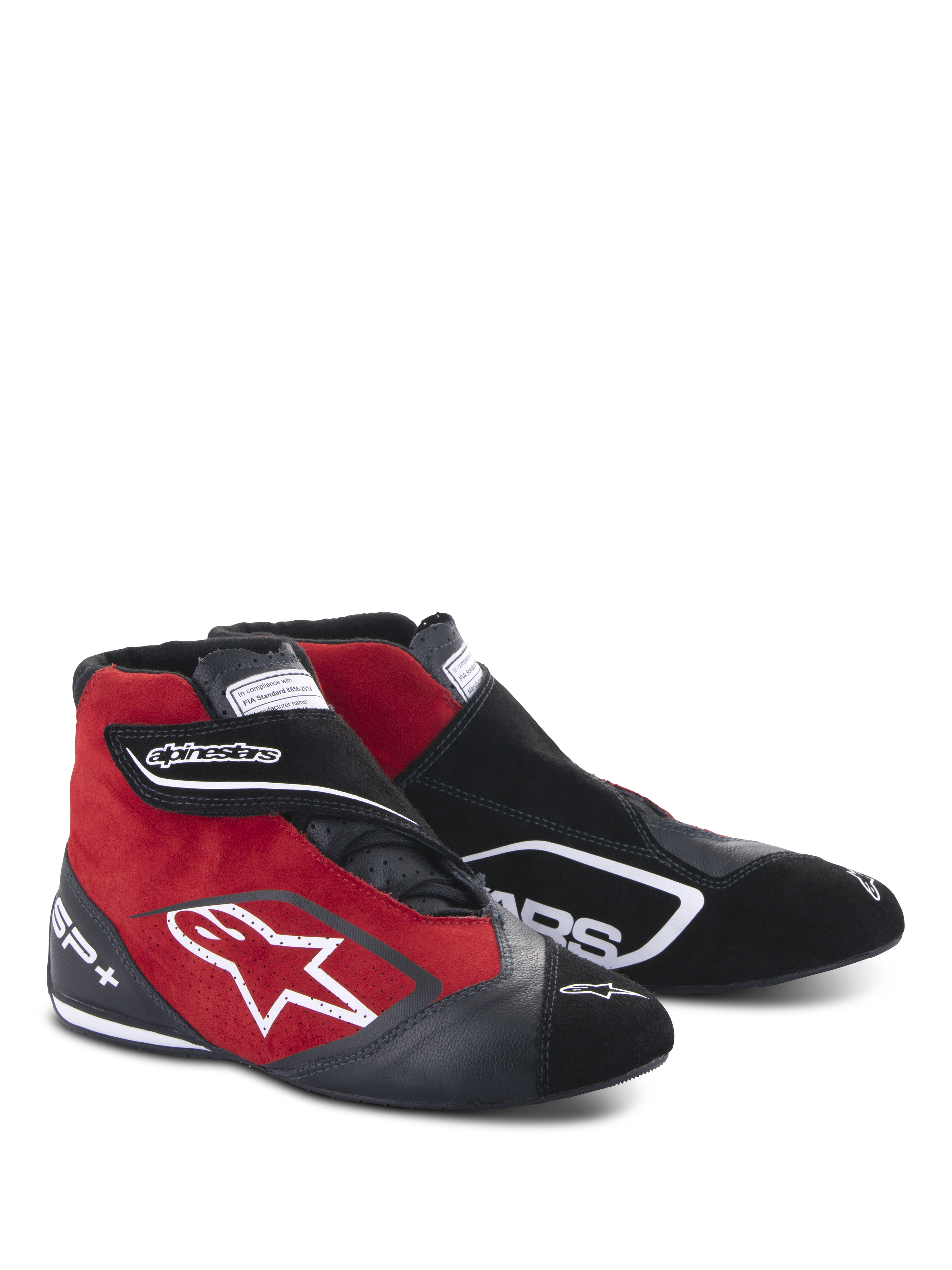 Alpinestars SP+ Schuhe, High-Top Rennschuhe, Schwarz und Rot, Wildleder- und Lederkonstruktion, weißes Sternlogo an der Seite, verstellbarer Klettverschluss, professionelles Motorsport-Schuhwerk mit Knöchelunterstützung