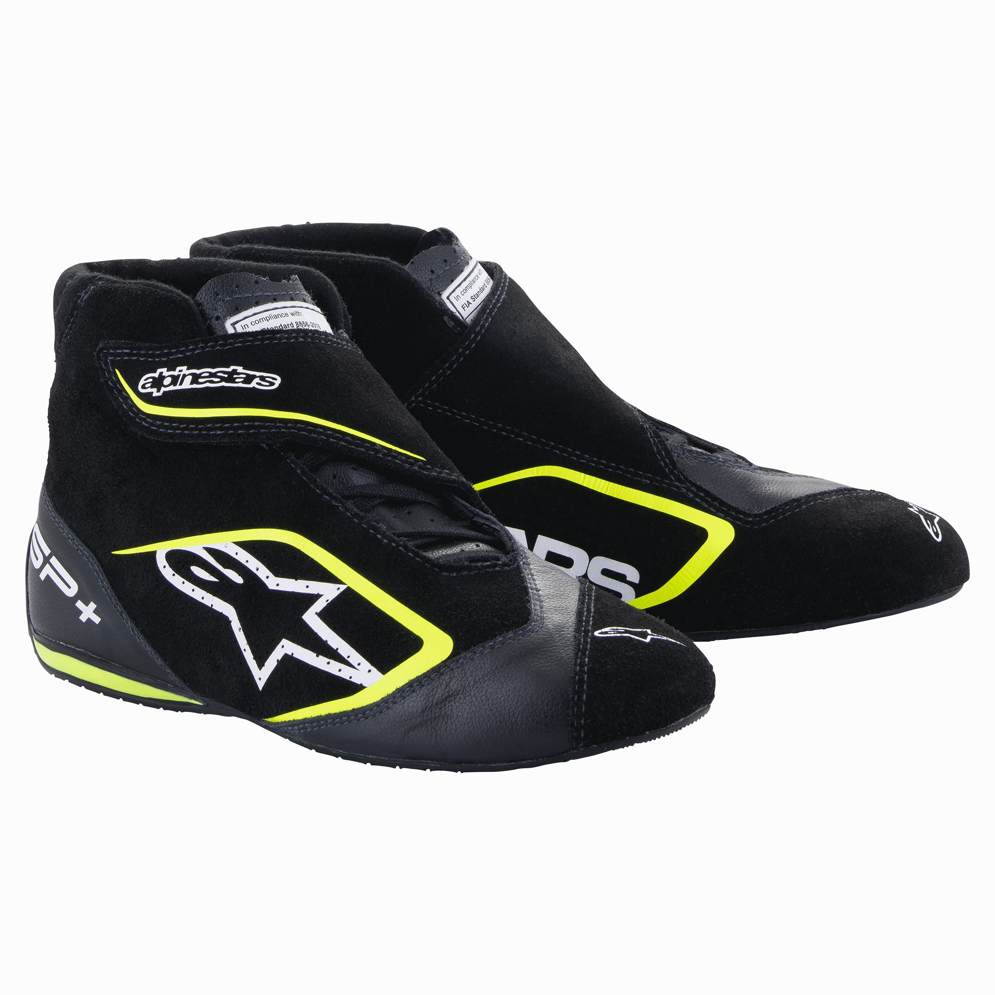 Alpinestars SP+ Shoes, Auto Racing Shoes, Black and Yellow Fluo, high-top design with white star logo and neon yellow accents, leather and suede construction, thin F1-inspired rubber soles, sporty motorsport aesthetic