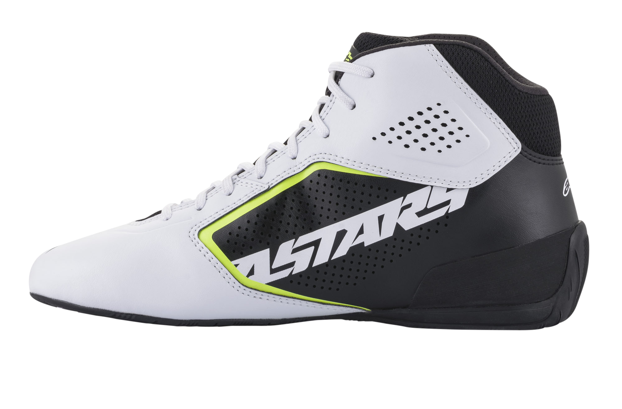 Alpinestars Tech-1 K Start V2 Shoes, Karting Shoes, White Black and Yellow Fluo, side view featuring a perforated white microfiber upper, black side panel with bold ASTARS branding, neon yellow highlights, and a streamlined black sole.