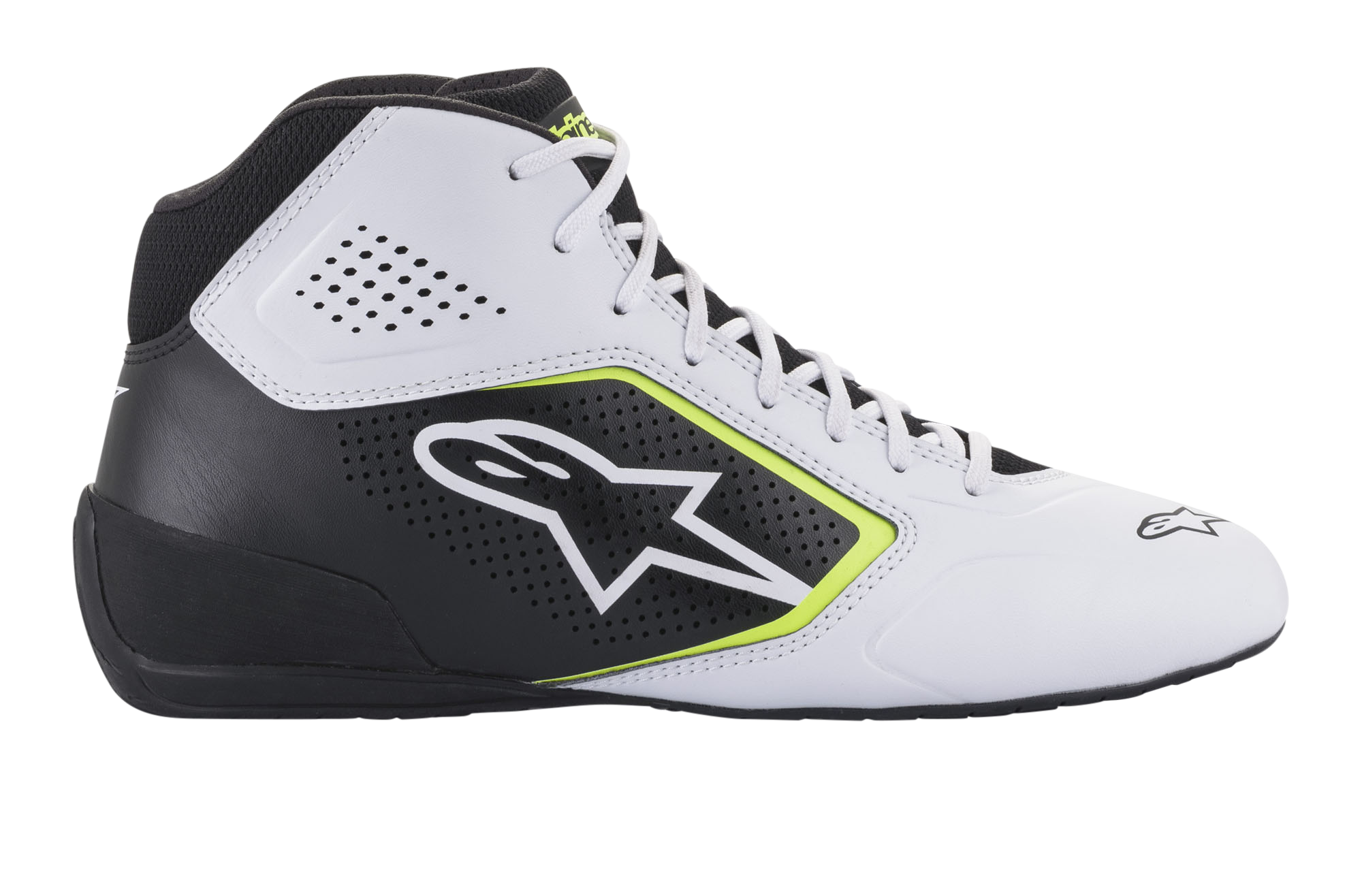 Alpinestars Tech-1 K Start V2 Shoes, Karting Shoes, White Black and Yellow Fluo, side profile featuring perforated microfiber panels, white Alpinestars logo with fluorescent yellow border, sleek motorsport design for karting