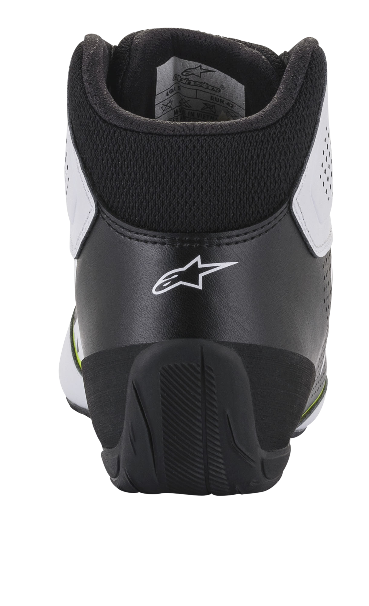 Alpinestars Tech-1 K Start V2 Shoes, Karting Shoes, White Black and Yellow Fluo, rear view showing ergonomic black heel counter with white star logo, padded collar, and durable rubber outsole for motorsport performance