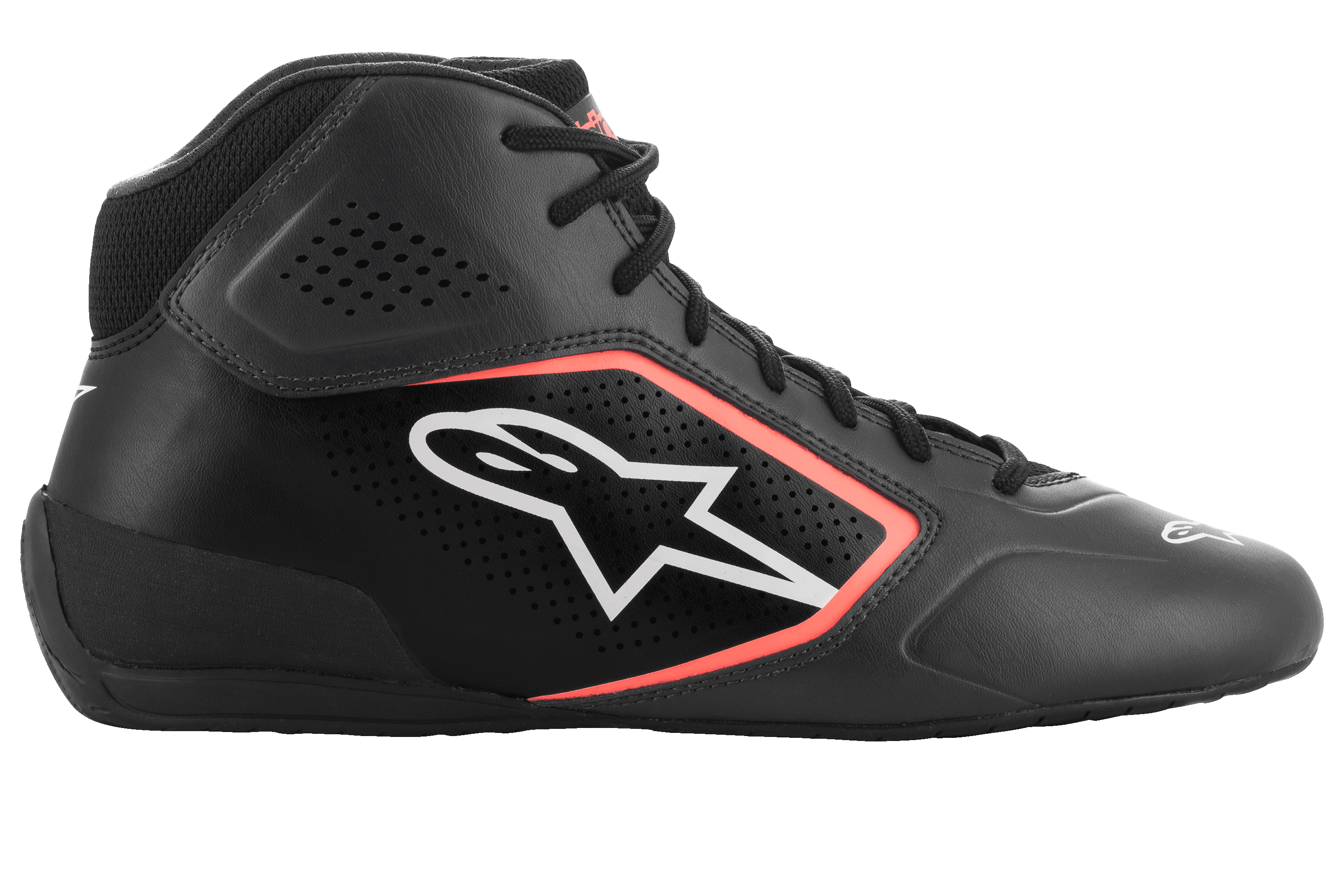 Alpinestars Tech-1 K Start V2 Shoes, Karting Shoes, Asphalt Black and Orange Fluo, side profile featuring microfiber upper with laser perforations, white Alpinestars logo with orange outline, and black laces