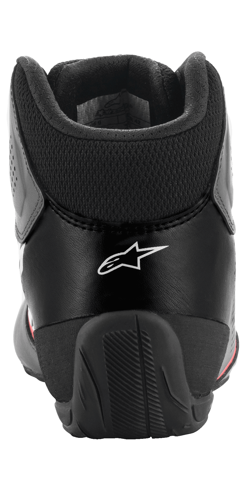 Alpinestars Tech-1 K Start V2 Shoes, Karting Shoes, Asphalt Black Orange Fluo, rear view showing the white Alpinestars logo, mesh Achilles collar, and reinforced rubber heel counter for stability.
