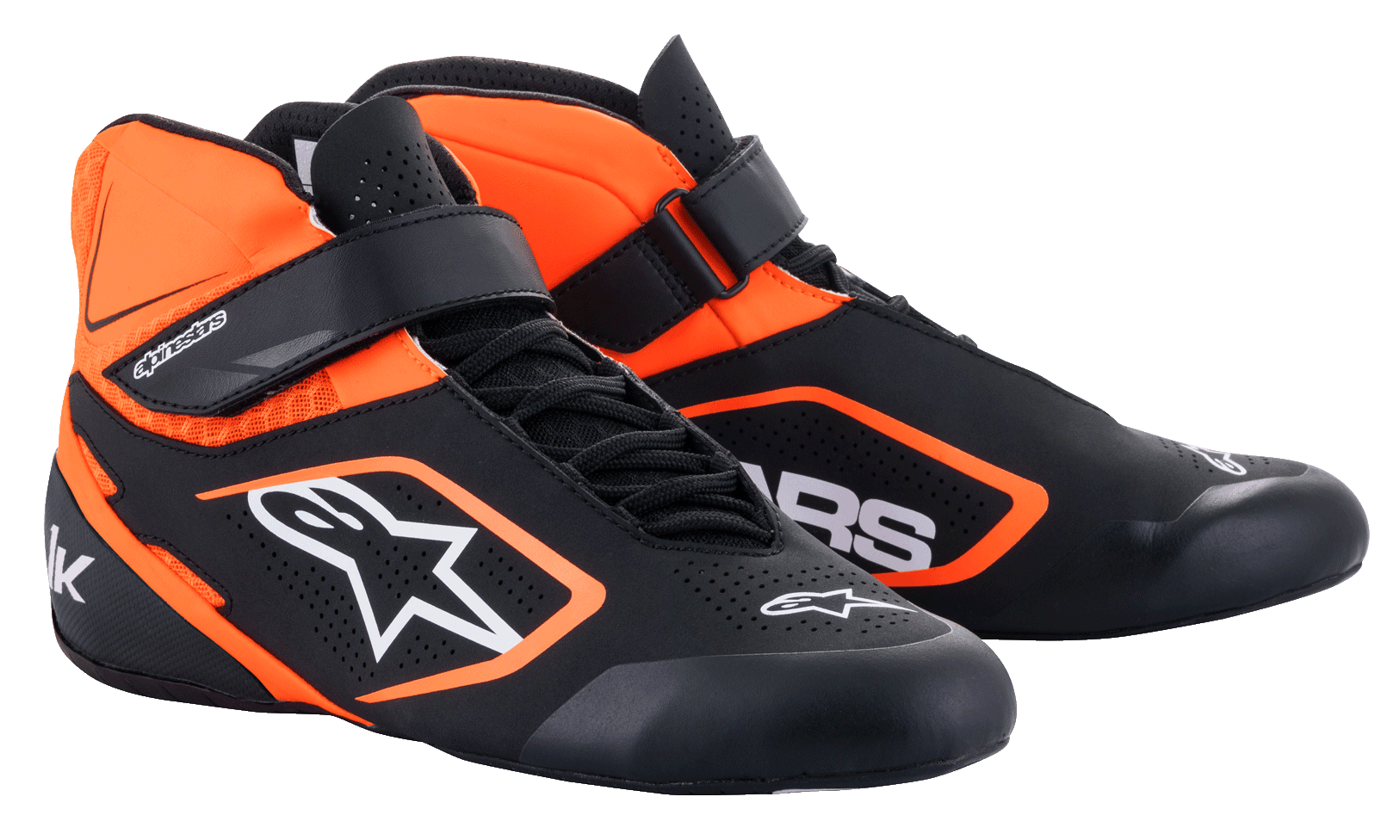 Alpinestars Tech-1 K V2 Karting-Schuhe, Schwarz und Fluo-Orange Weiß, High-Top-Rennschuhe mit dualem Verschlusssystem aus Knöchelriemen und Schnürung, perforiertes Synthetikmaterial für Atmungsaktivität, aerodynamisches Design mit weißem Alpinestars-Logo