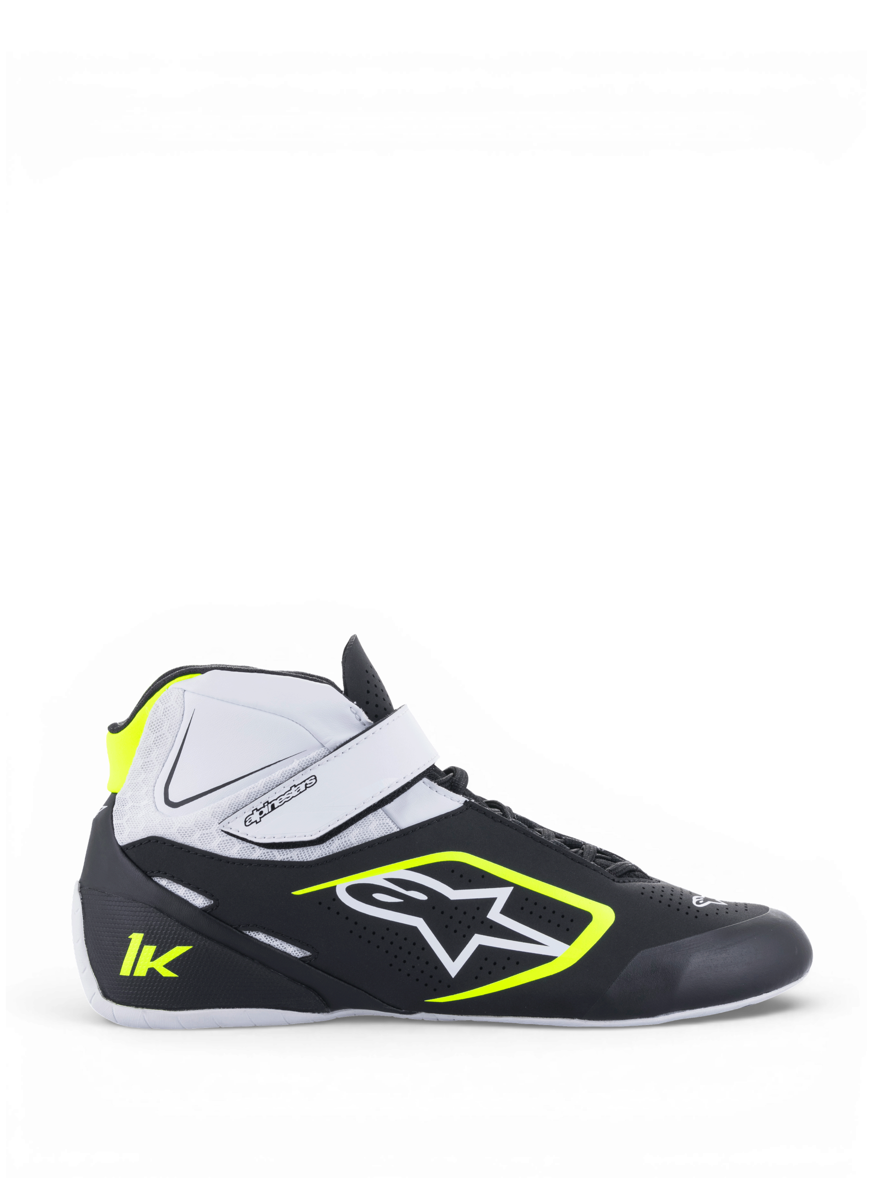 Alpinestars Tech-1 K V2 Schuhe, Herren-Kart-Rennschuhe, Schwarz, Weiß und Gelb Fluo, ultraleichte Mikrofaser-Konstruktion mit doppeltem Verschlusssystem, Alpinestars-Logo und griffiger Gummisohle nach Formel-1-Spezifikation.