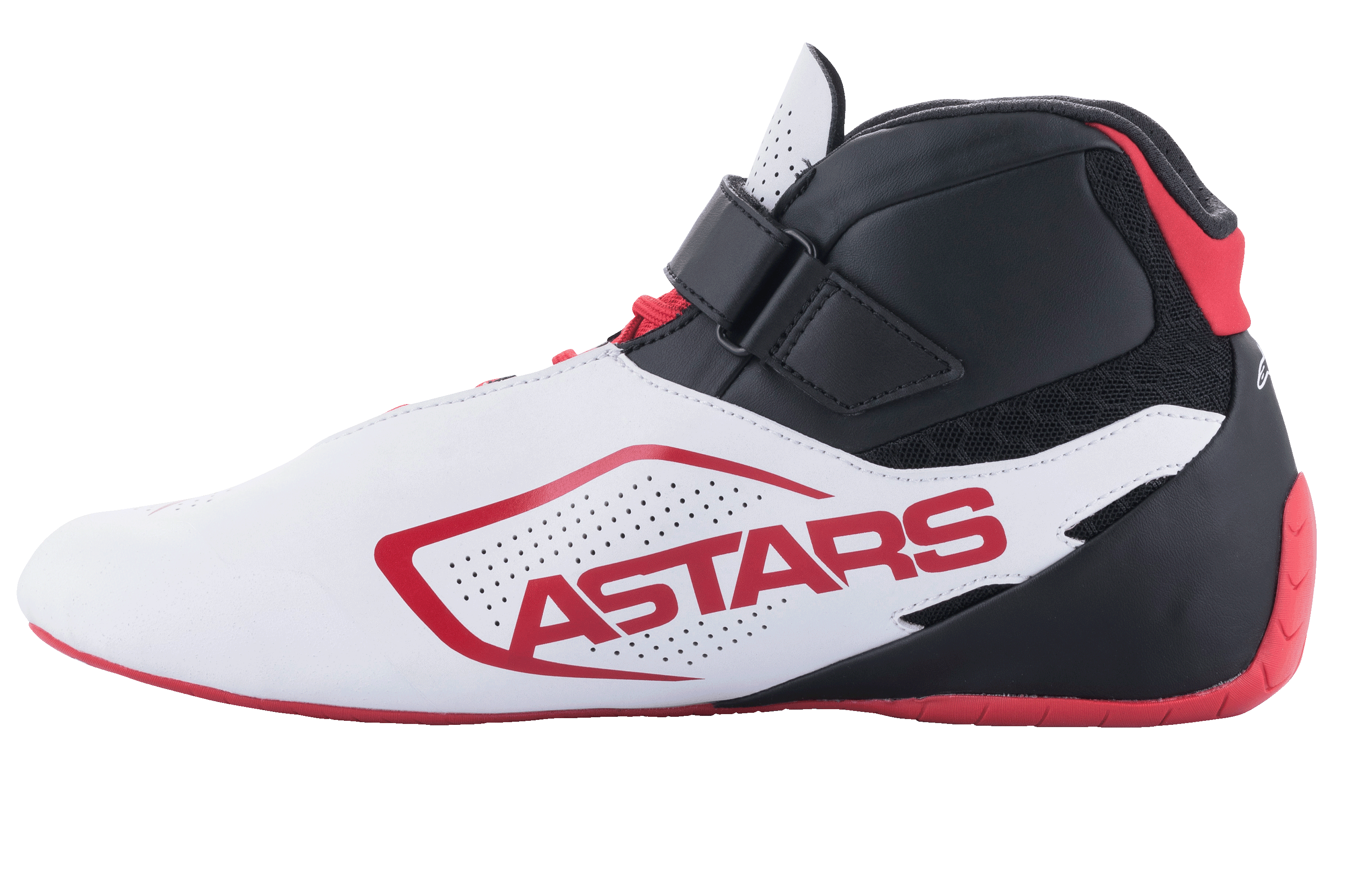 Alpinestars Tech-1 K V2 Schuhe, Karting-Schuhe, Weiß, Schwarz und Rot, Seitenansicht mit rotem ASTARS-Branding auf einem weißen, perforierten Panel, schwarzes Obermaterial mit Klettverschluss und roten Schnürsenkeln, dünne rote Sohle für präzises Fahren