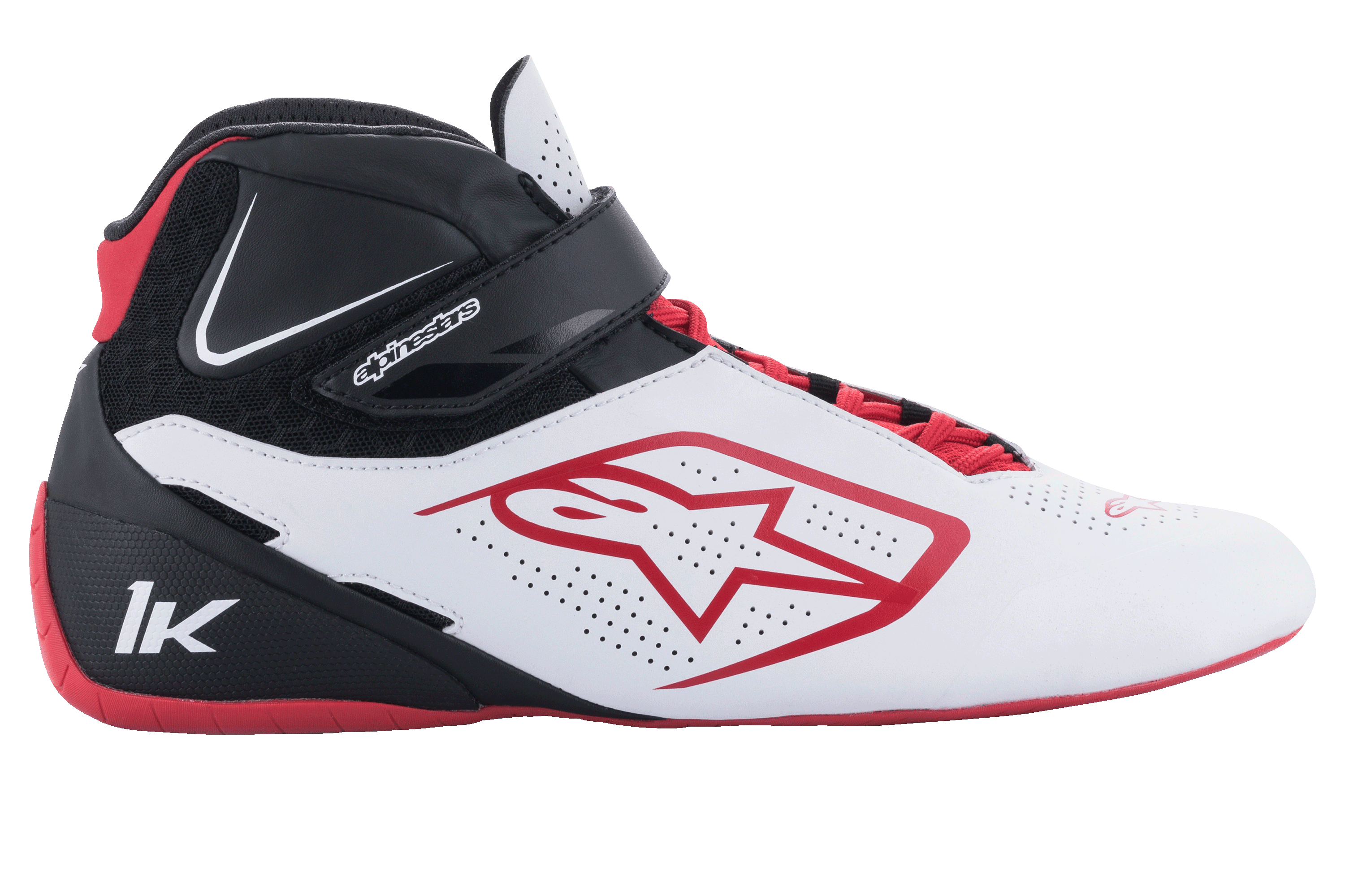 Alpinestars Tech-1 K V2 Schuhe, Kart-Schuhe, Weiß, Schwarz und Rot, Profilansicht mit perforierten weißen Einsätzen, rotem Stern-Logo, schwarzem Klettverschluss am Knöchel und roten Schnürsenkeln, spezialisiertes Motorsport-Schuhwerk
