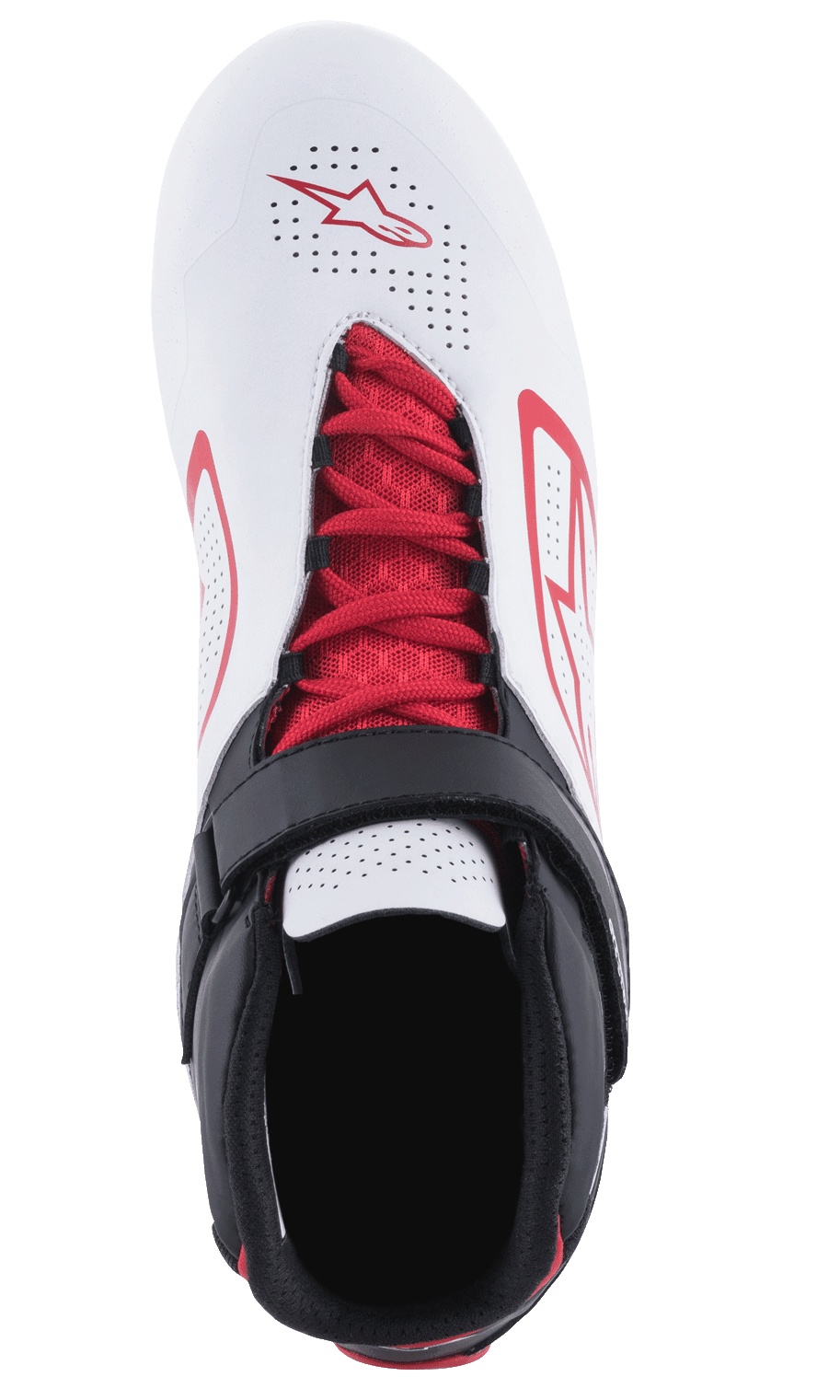 Alpinestars Tech-1 K V2 Schuhe, Kart-Schuhe, Weiß, Schwarz und Rot, Draufsicht mit roten Schnürsenkeln und einem schwarzen Klettverschlussriemen, perforiertes weißes Obermaterial mit roten Alpinestars-Logos, entwickelt für Atmungsaktivität und Halt