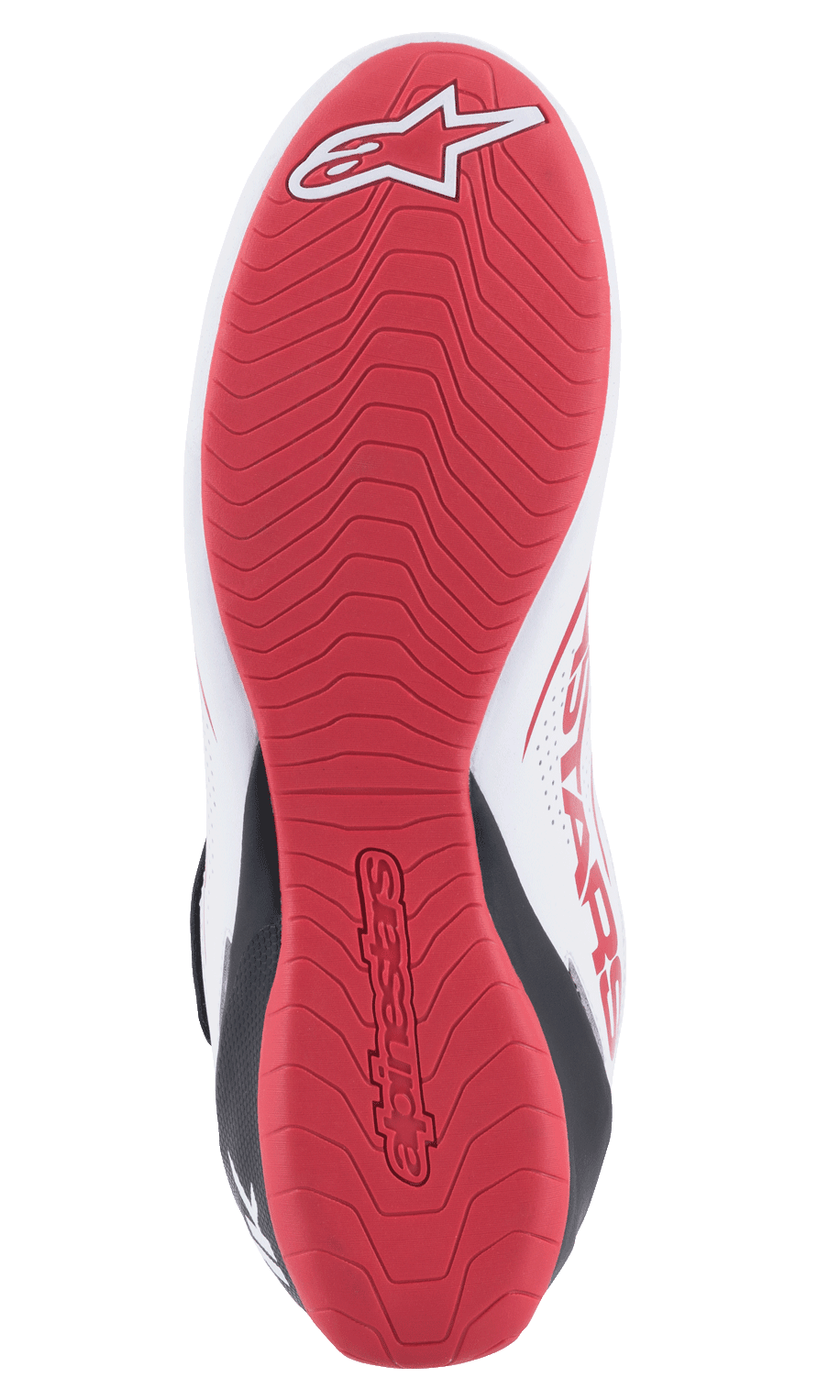 Alpinestars Tech-1 K V2 Schuhe, Karting-Schuhe, Weiß, Schwarz und Rot, detaillierte Unteransicht der roten strukturierten Gummisohle mit Alpinestars-Logo und geprägtem Branding, entwickelt für maximalen Grip und optimales Tastgefühl