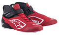Alpinestars Tech-1 K V2 Kart-Schuhe, Rot, Schwarz und Weiß, halbhohe Rennschuhe mit roten Schnürsenkeln und schwarzem Klettverschluss am Knöchel, perforiertes Mikrofaser-Obermaterial mit weißen Alpinestars-Logos, ergonomisches Design für den professionellen Kartsport