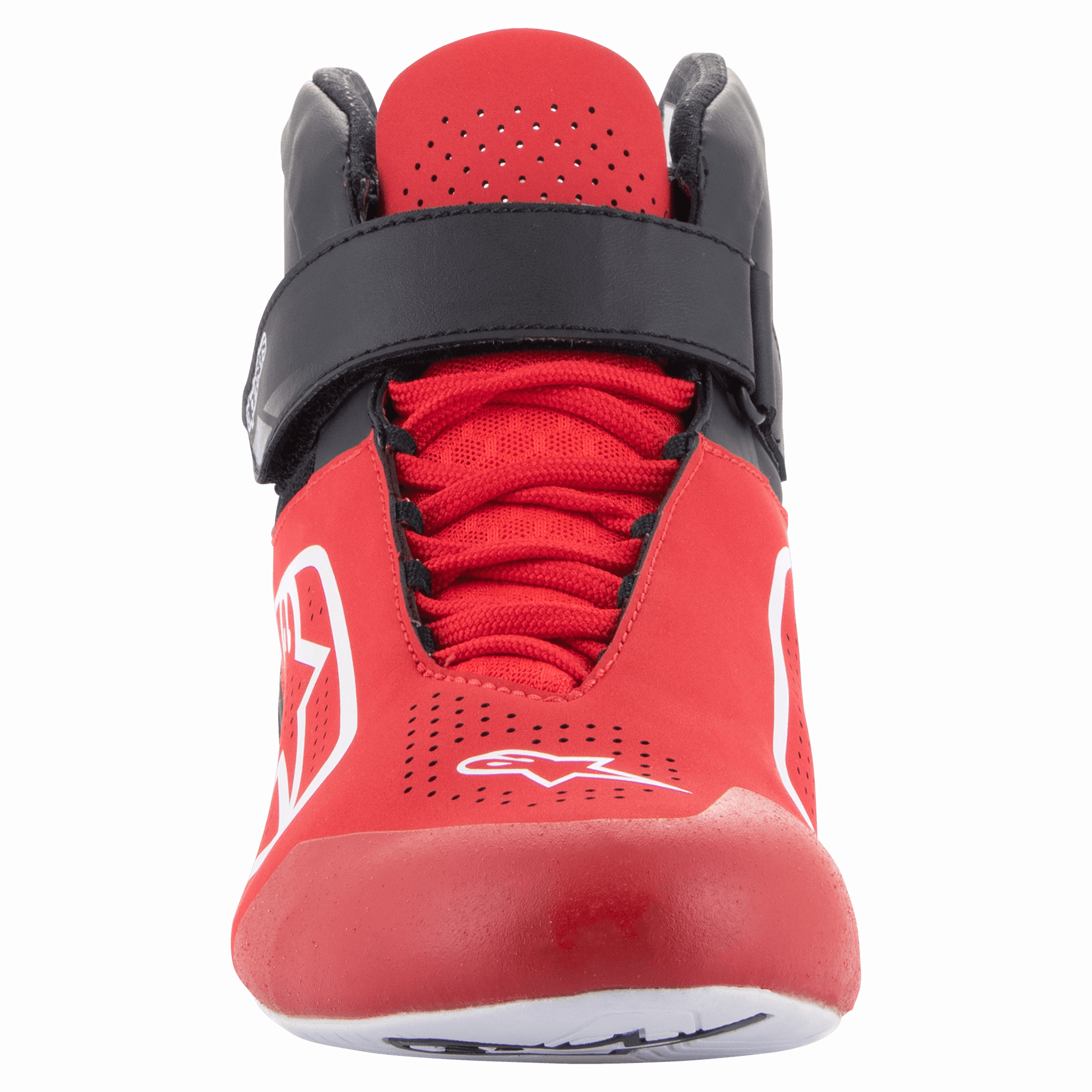 Alpinestars Tech-1 K V2 Schuhe, Karting-Schuhe, Rot, Schwarz und Weiß, Vorderansicht mit einem schwarzen Klettverschlussriemen am Knöchel und roten Schnürsenkeln, perforiertes rotes Obermaterial mit weißen Astars-Logos, ergonomisches Design für den Kartsport