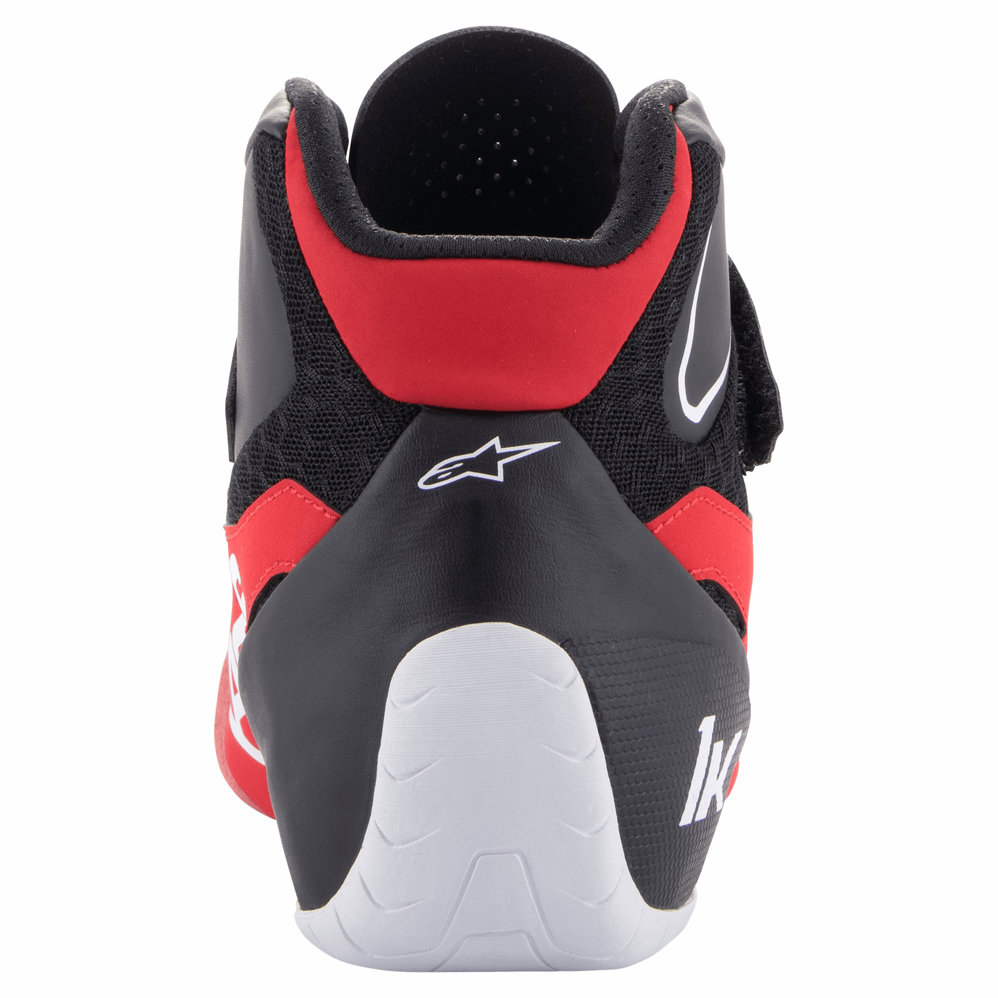 Alpinestars Tech-1 K V2 Schuhe, Karting-Schuhe, Rot, Schwarz und Weiß, Rückansicht mit niedrig geschnittenem Achillessehnen-Kragen, weißer Ferseneinfassung mit „1K“-Logo und Alpinestars Stern-Logo auf dem schwarzen Obermaterial