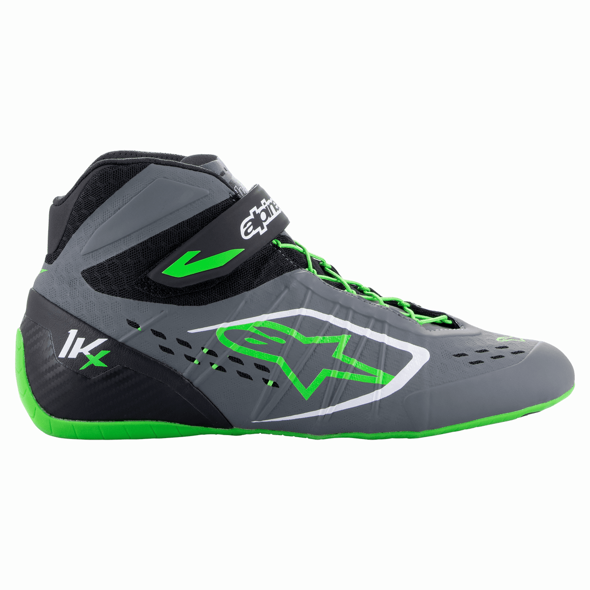 Alpinestars Tech-1 KX V2 Schuhe, Kart-Rennschuhe, Grau und Schwarz mit Grünen Akzenten, High-Top-Design, Grüne Sohle, Klettverschluss, Mesh-Einsätze