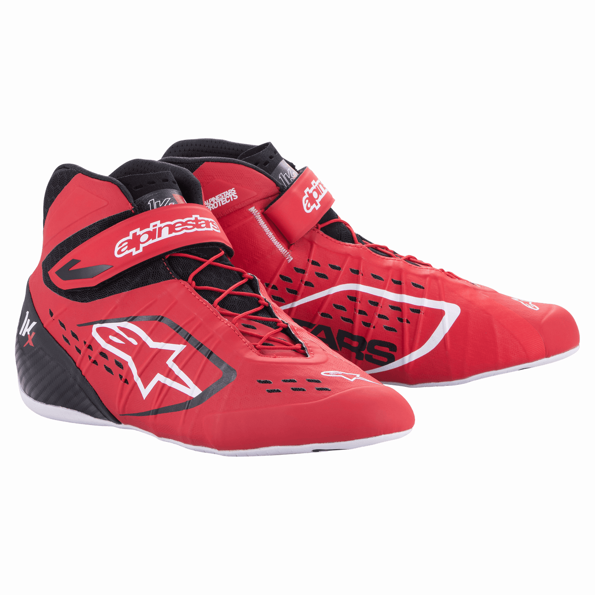 Alpinestars Tech-1 KX V2 Shoes, Karting Racing Shoes, Red Black and White, High-Top Design with Velcro Straps, White Sole, Breathable Perforated Construction, Professional Motorsport Footwear