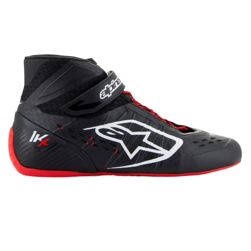 Alpinestars Tech-1 KX V3 Shoes, Karting Racing Shoes, Black White and Red, side profile featuring seamless thermo-welded construction, large white side logo, high-top design with Velcro strap, and thin red rubber sole