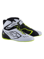 Alpinestars Tech-1 KX V3 Shoes - FIA, Karting Shoes, Black White and Yellow Fluo, high-performance racing footwear with asymmetric lacing, velcro ankle strap, neon yellow accents on the laces and sole, and breathable laser-cut panels