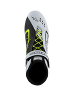 Alpinestars Tech-1 KX V3 Shoes, FIA Karting Shoes, Black White and Yellow Fluo, top-down view showing asymmetric neon yellow lacing system, white velcro ankle strap, and laser-cut perforations on the toe