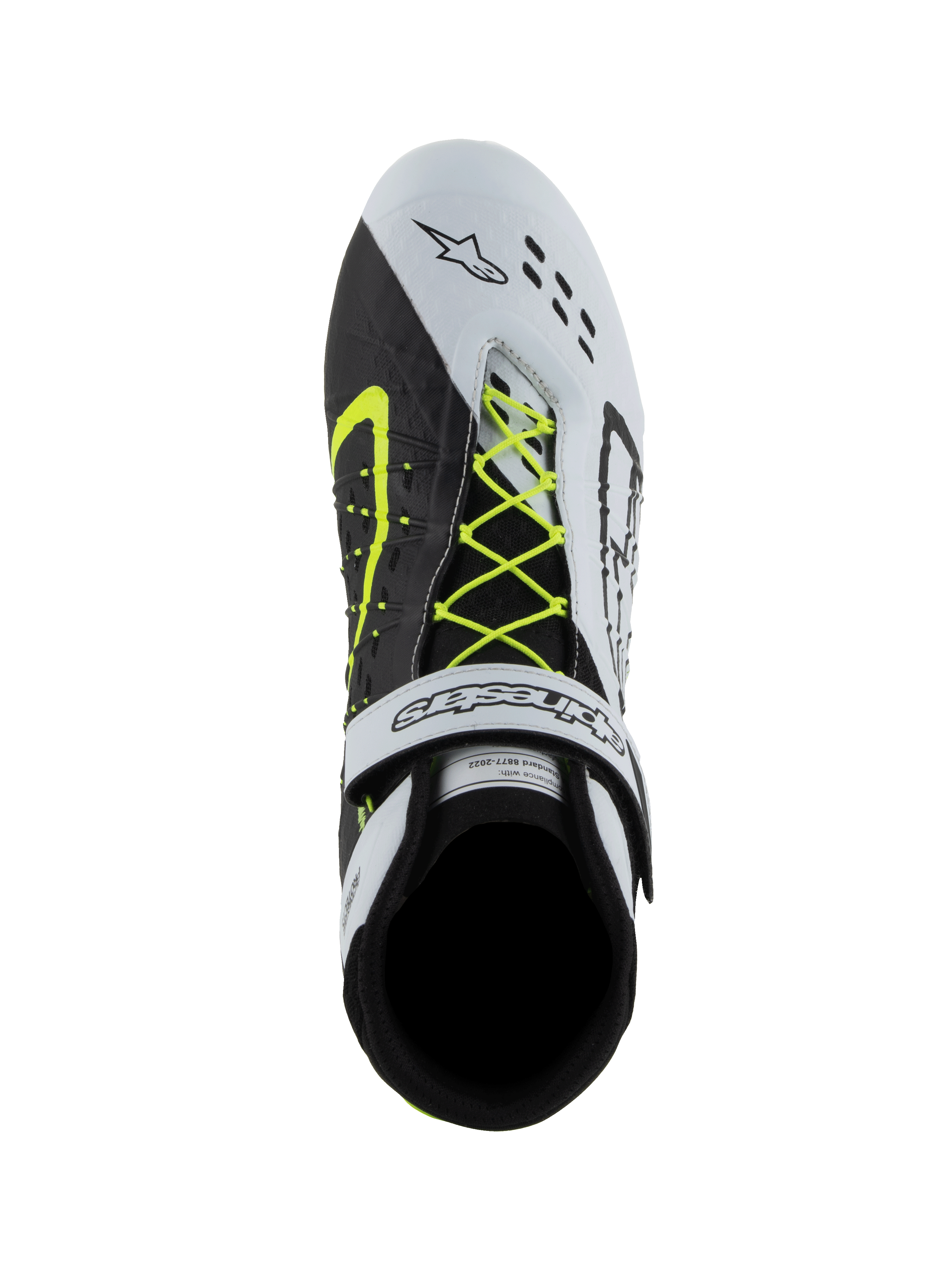 Alpinestars Tech-1 KX V3 Shoes, FIA Karting Shoes, Black White and Yellow Fluo, top-down view showing asymmetric neon yellow lacing system, white velcro ankle strap, and laser-cut perforations on the toe