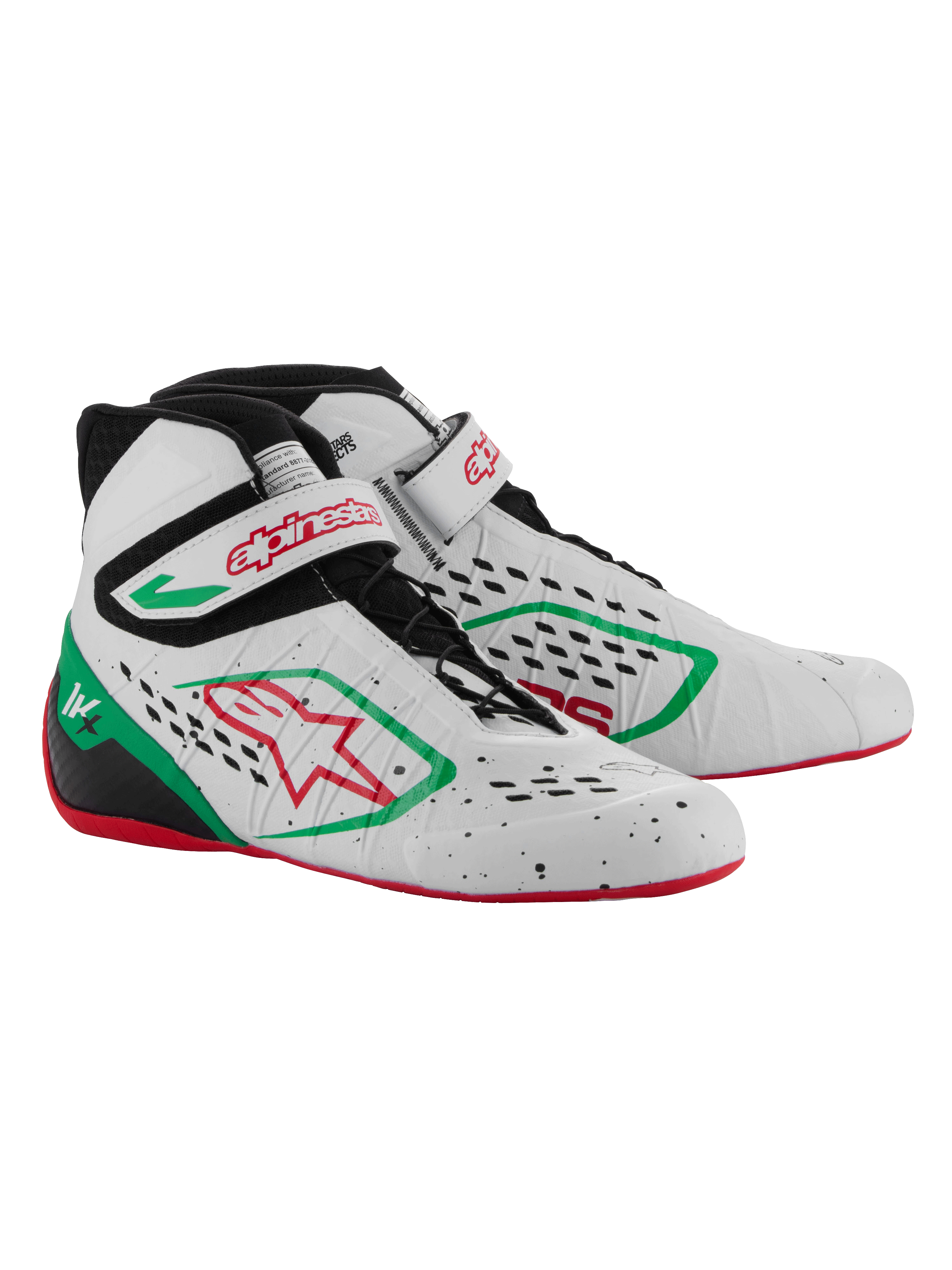 Alpinestars Tech-1 KX V3 Karting Shoes, White Green and Red, featuring a seamless thermo-welded upper with laser-cut perforations, asymmetric lacing, velcro strap with red branding, and a thin red rubber sole