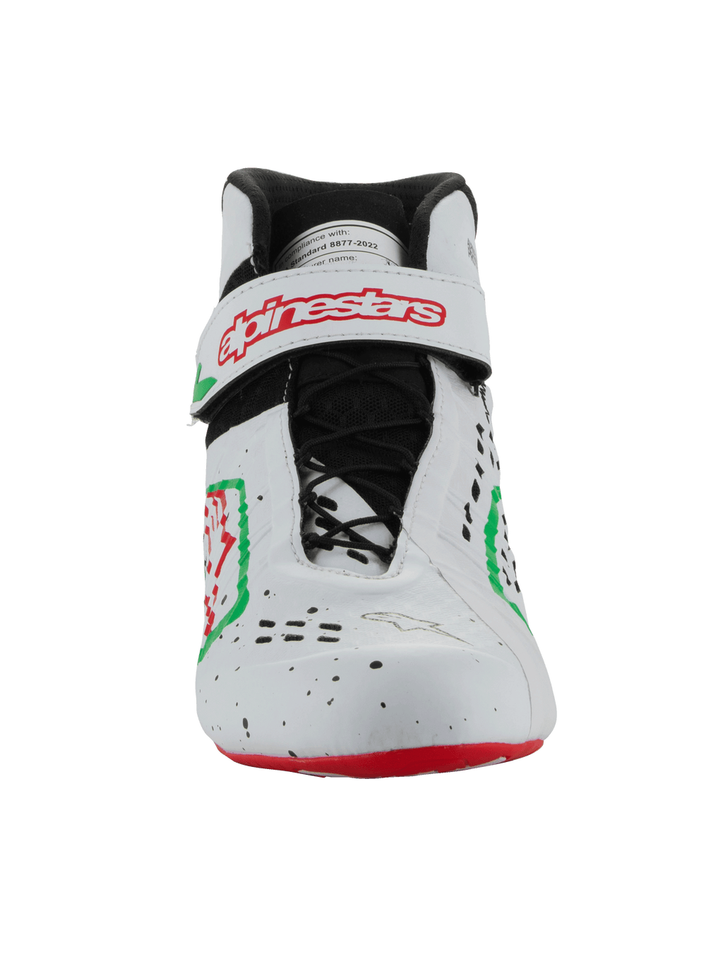Alpinestars Tech-1 KX V3 Shoes - FIA, Karting Shoes, White Green and Red, front view featuring an asymmetric lacing system and a velcro strap with a red Alpinestars logo, sleek perforated design for motorsport.