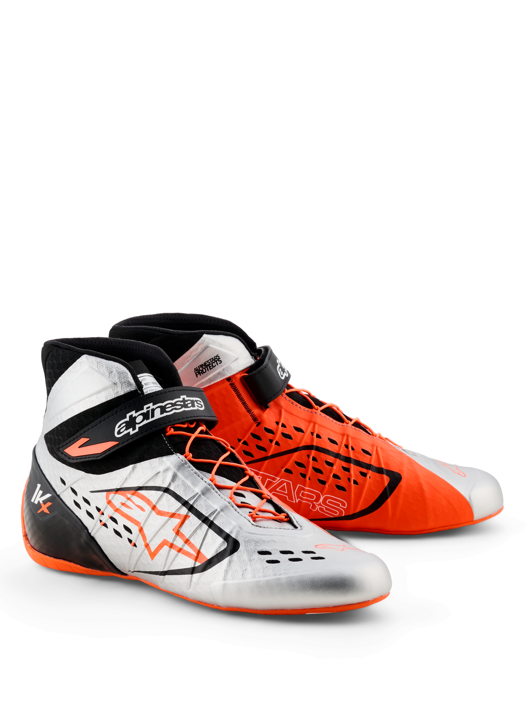Alpinestars Tech-1 KX V3 Schuhe - FIA, Karting-Schuhe, Schwarz, Silber und Orange Fluo, asymmetrisches Farbdesign mit einem silbernen und einem orangefarbenen Schuh, mit asymmetrischer Schnürung und verstellbaren Knöchelriemen, schlanke Leichtbauweise für Renn-Performance