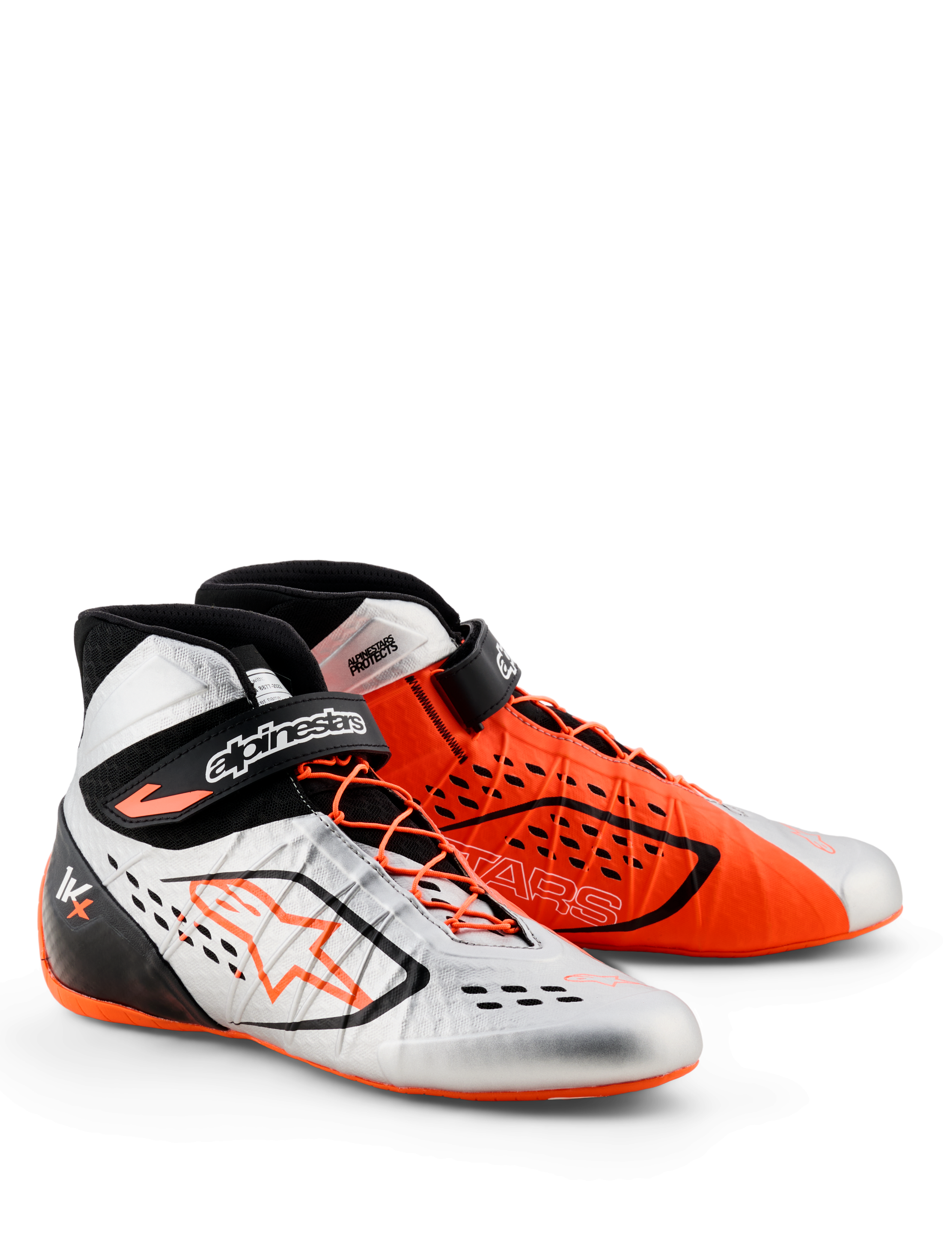 Alpinestars Tech-1 KX V3 Shoes - FIA, Karting Shoes, Black Silver and Orange Fluo, mismatched color design with one silver shoe and one orange shoe, featuring asymmetrical lacing and adjustable ankle straps, sleek lightweight construction for racing performance